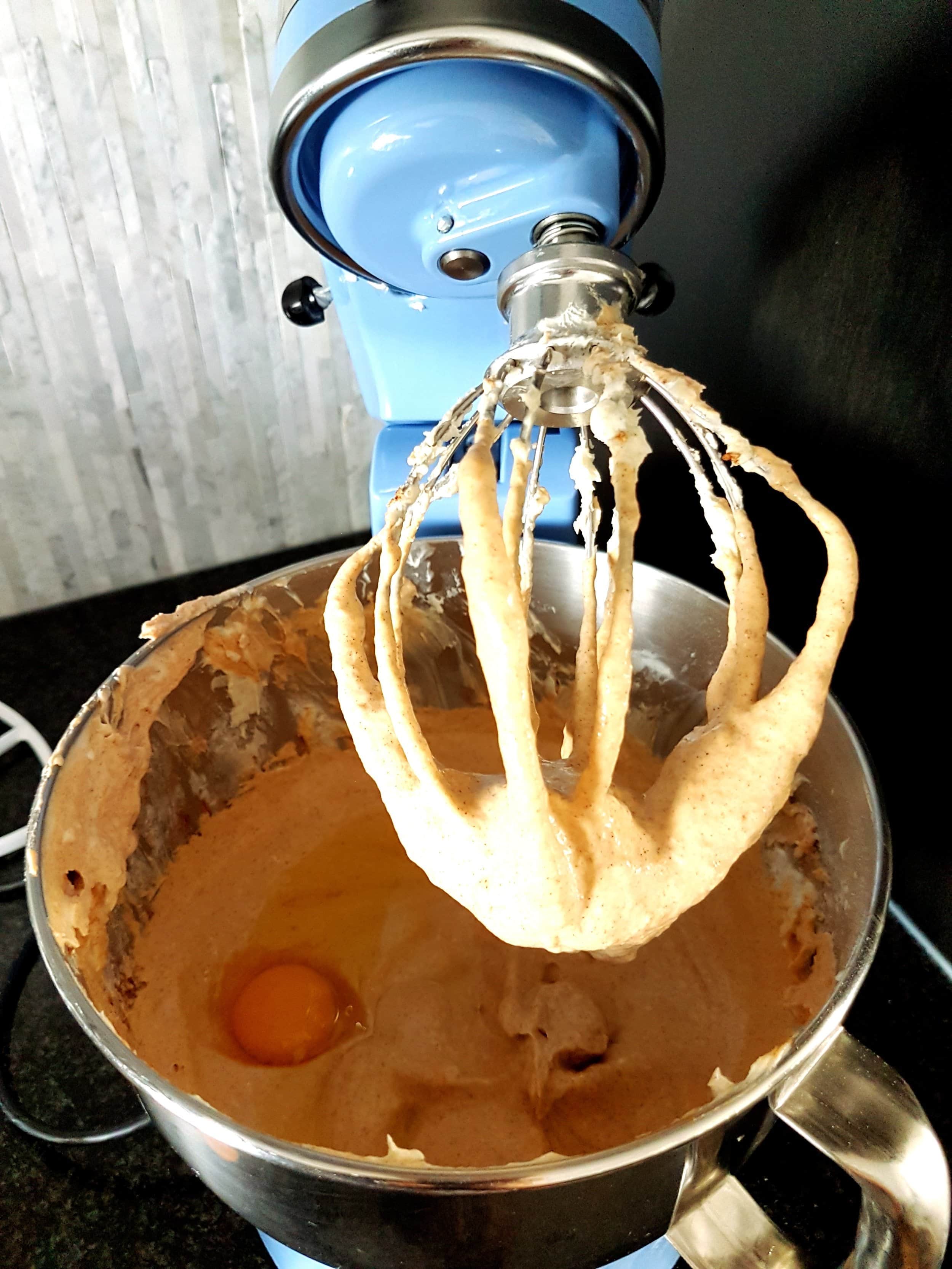 Cheesecake batter in a stand mixer.