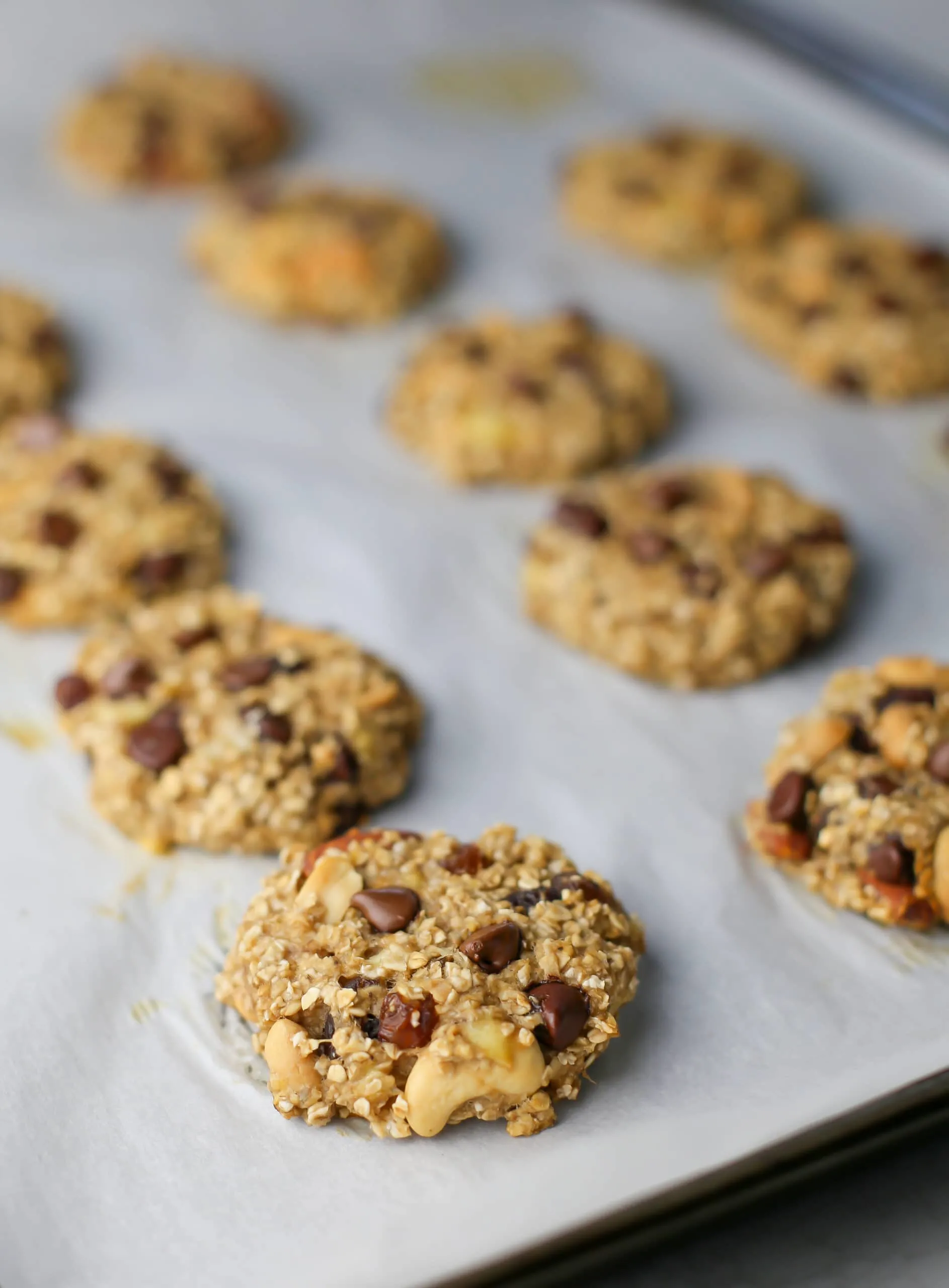 Baked trail mix cookies on a parchment paper lined baking sheet.