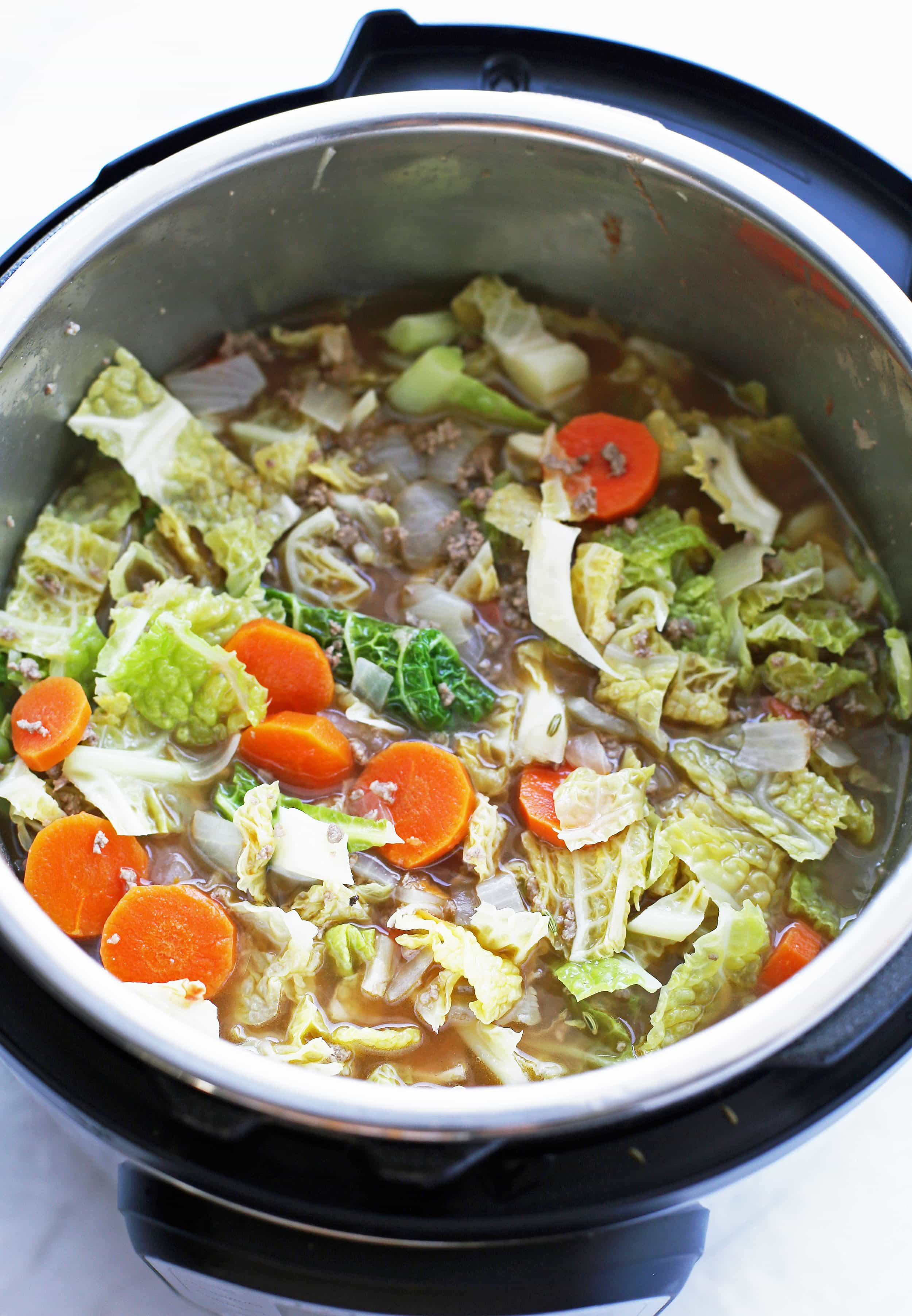 Beef and Cabbage Soup ready to be cooked in the Instant Pot.