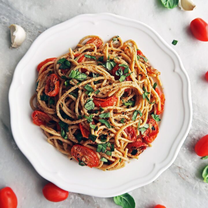 Black Pepper & Parmesan Spaghetti with Garlic Roasted Tomatoes