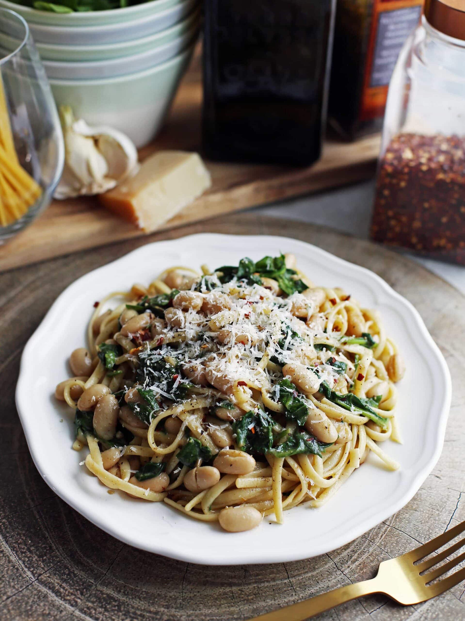 Brown Butter Linguine with White Beans and Spinach