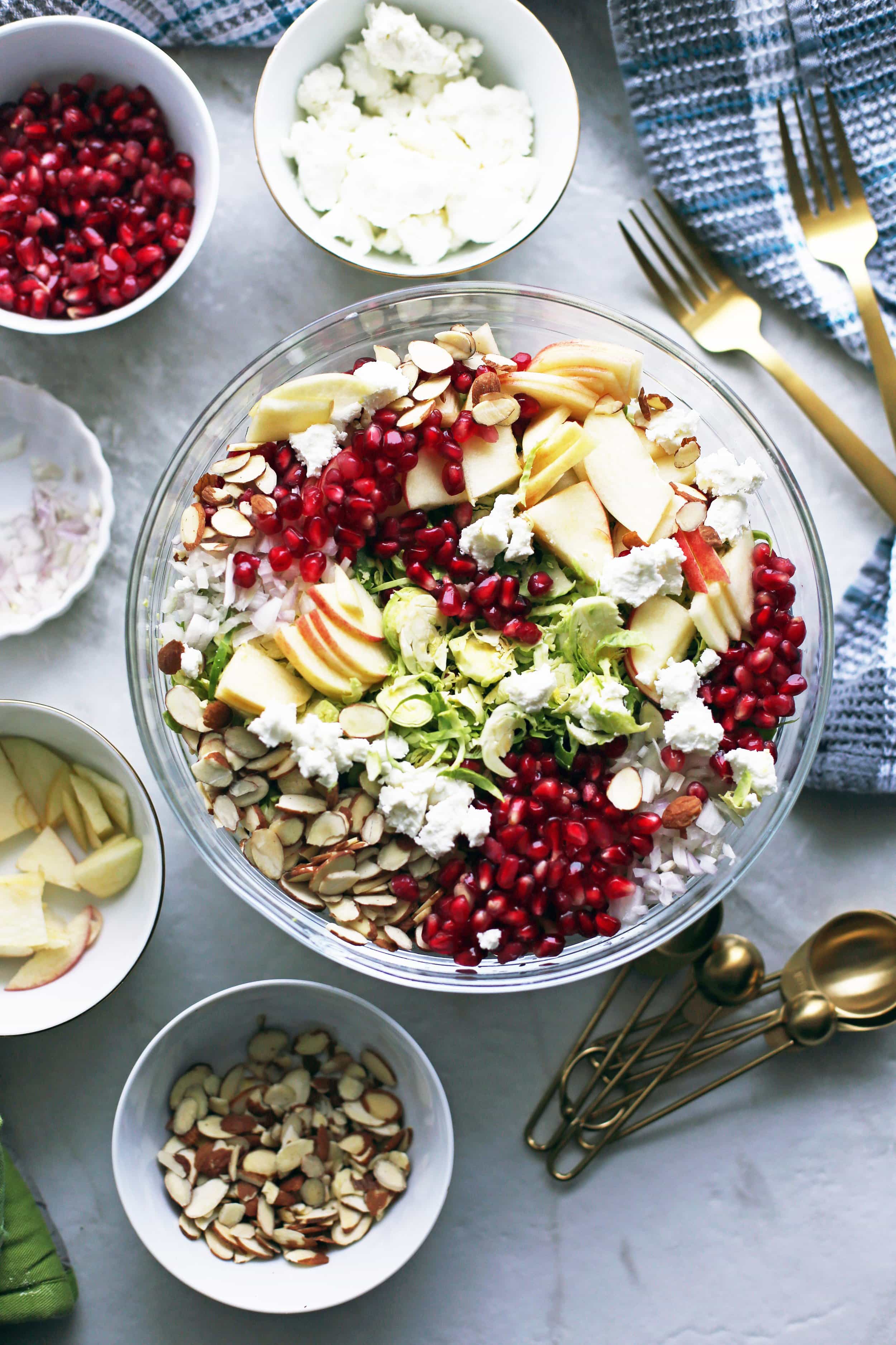 Shaved Brussels Sprouts and Pomegranate Salad with Lemon Vinaigrette in a large glass bowl with salad ingredients around it.