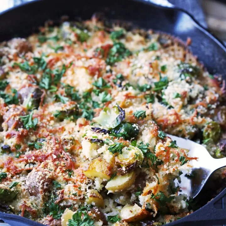 One-Pan Brussels Sprouts and Potato Gratin