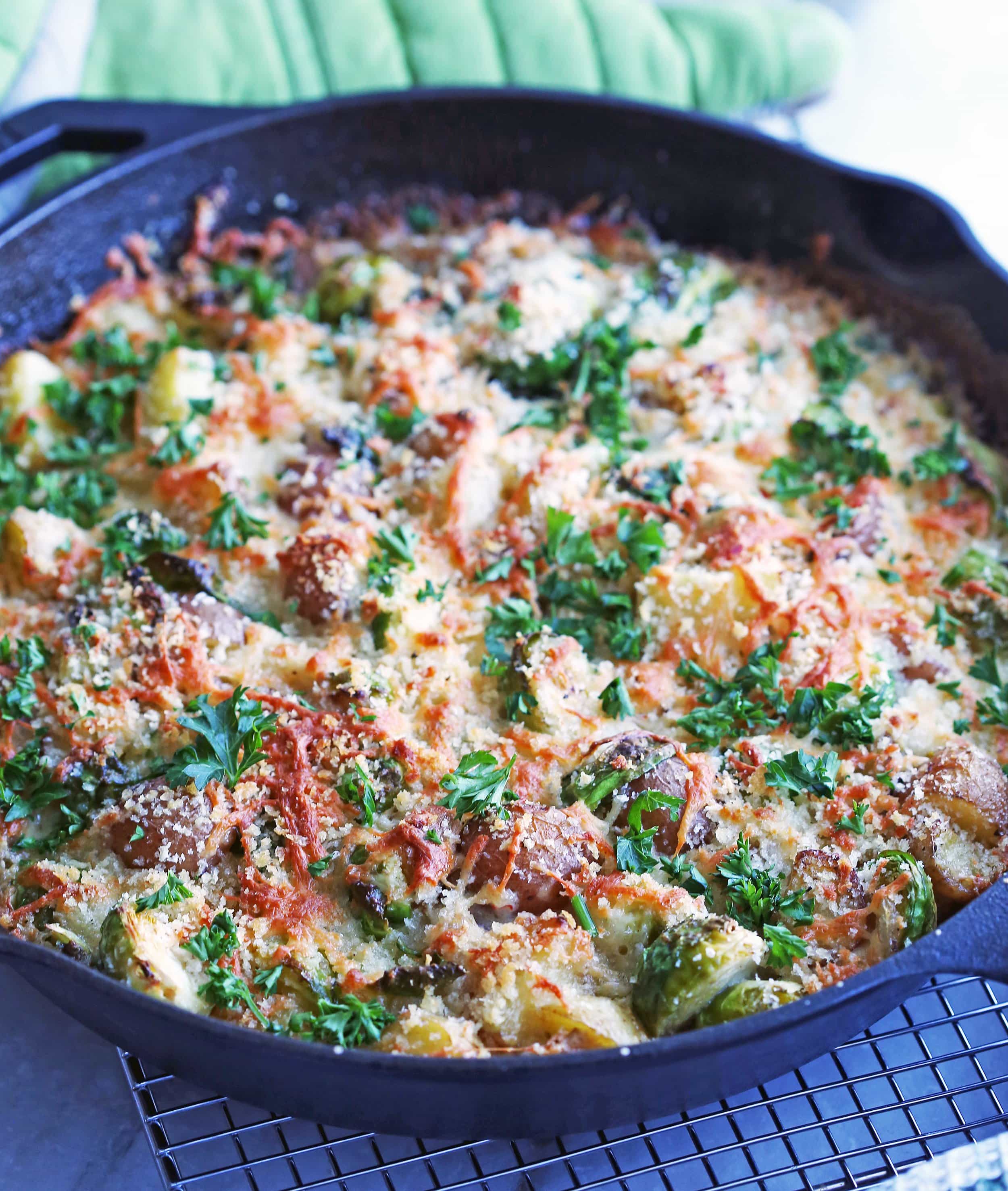 Baked Brussels Sprouts and Potato Gratin in a large cast iron skillet.