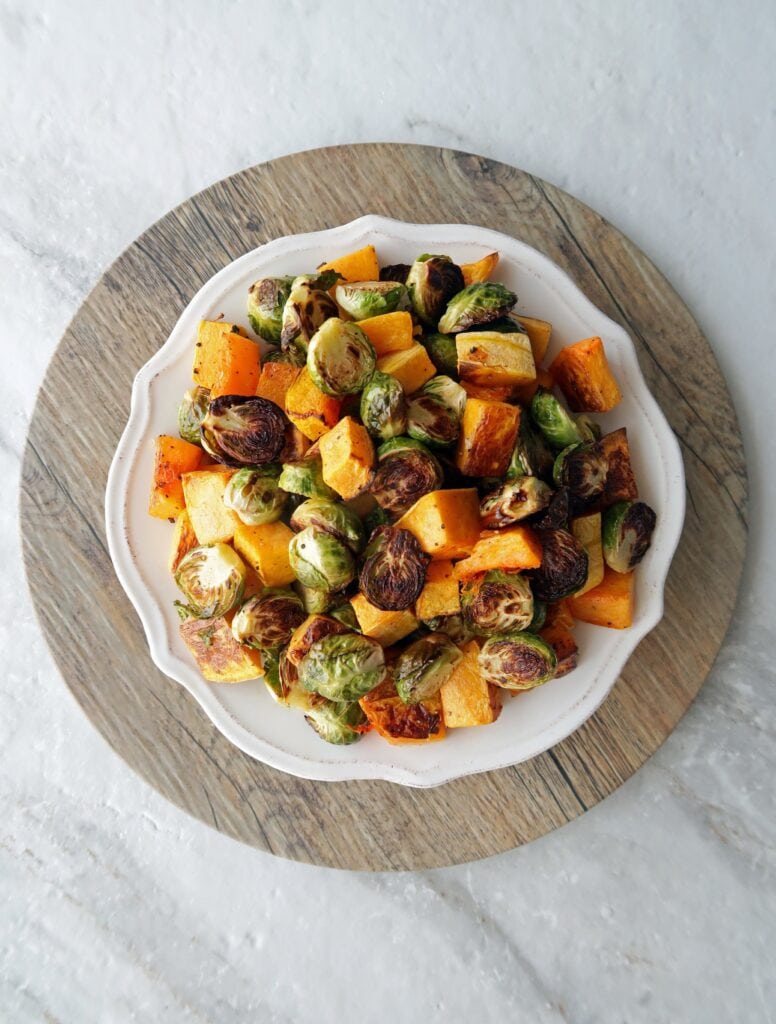 Roasted Butternut Squash and Brussels Sprouts with Pecans and Dried
