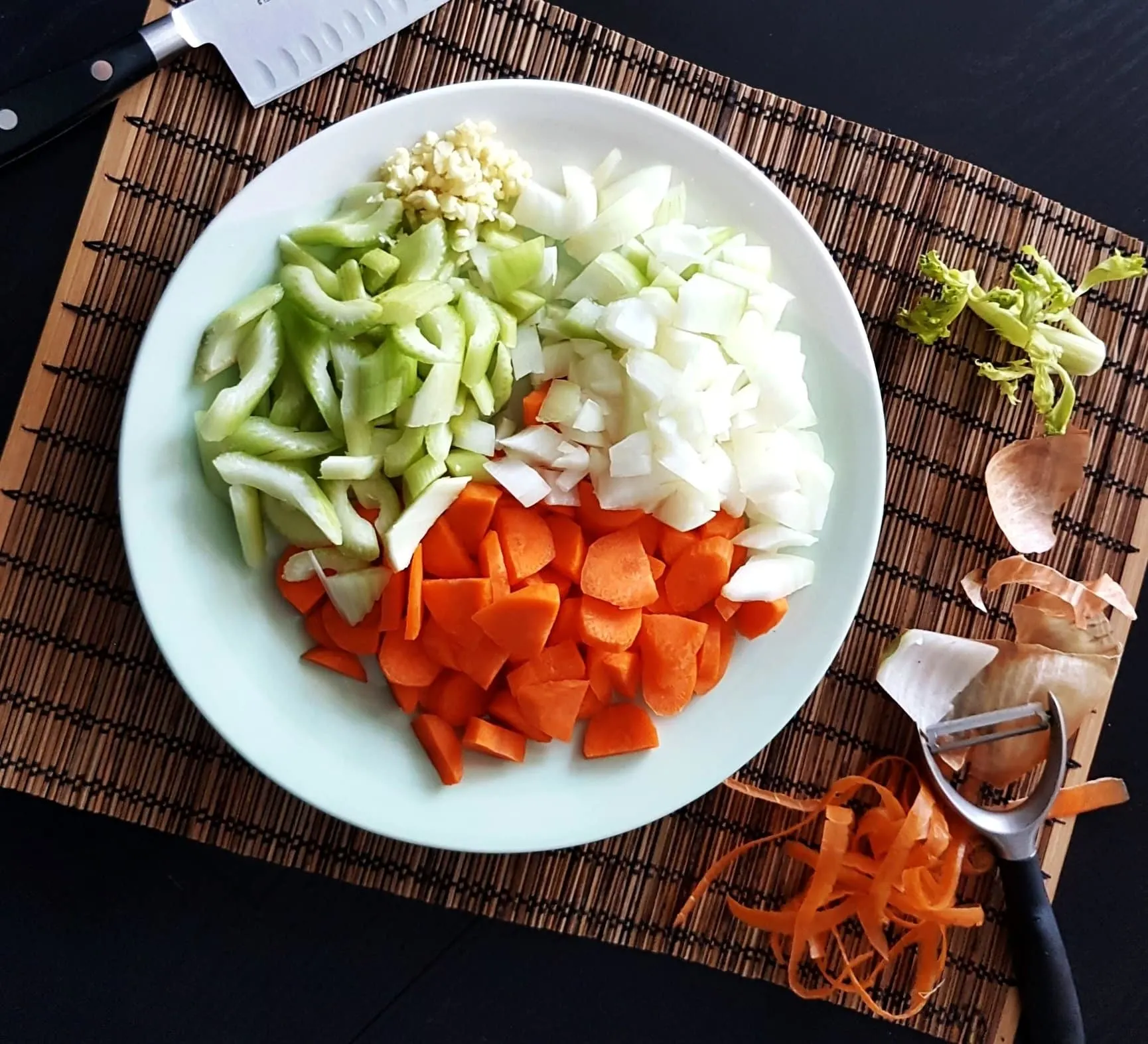 Chopped carrots, celery, onions, and garlic.