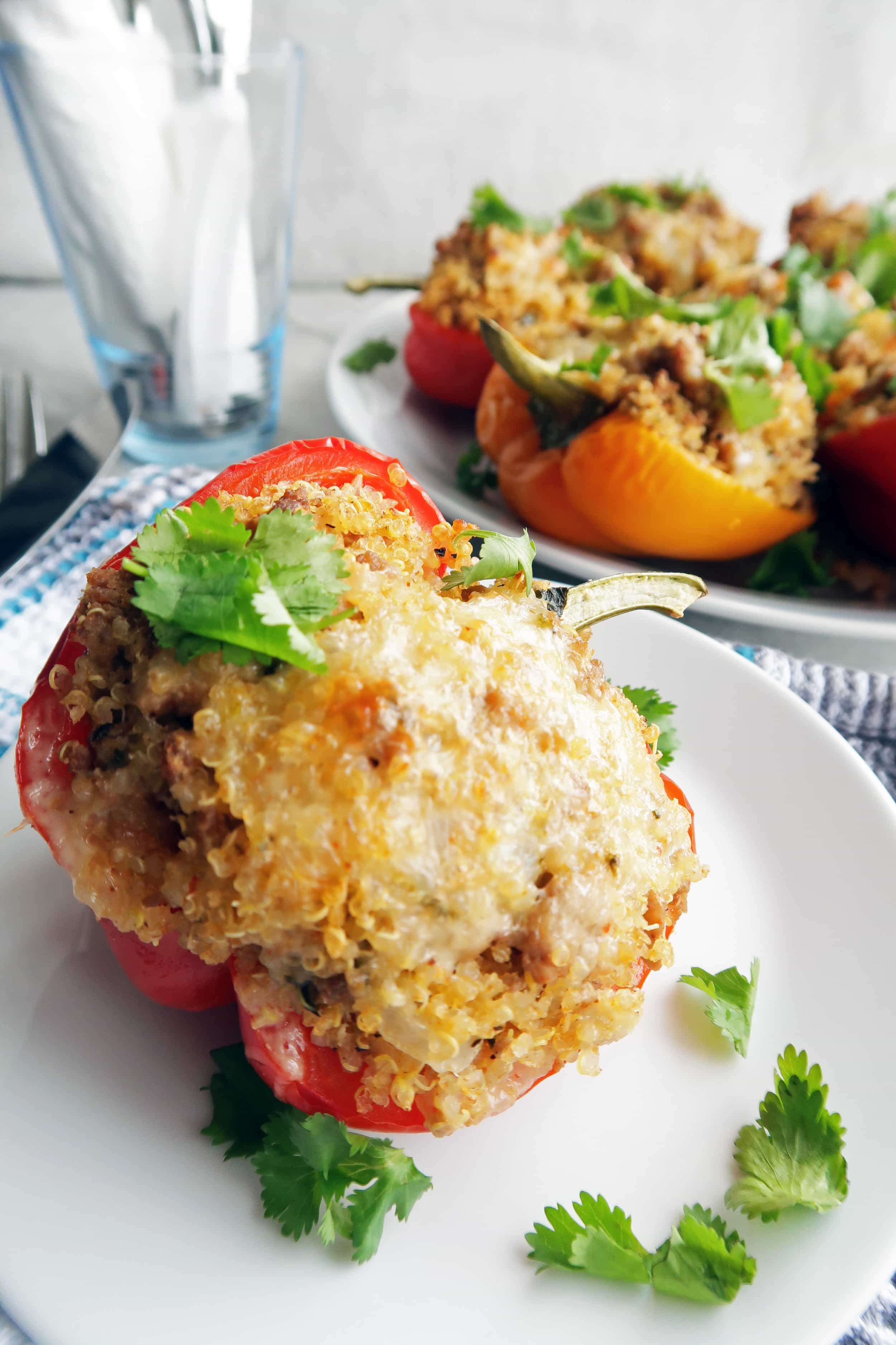 Closeup of one Cilantro Lime Turkey Quinoa Stuffed Bell Pepper with more stuffed peppers in the background.