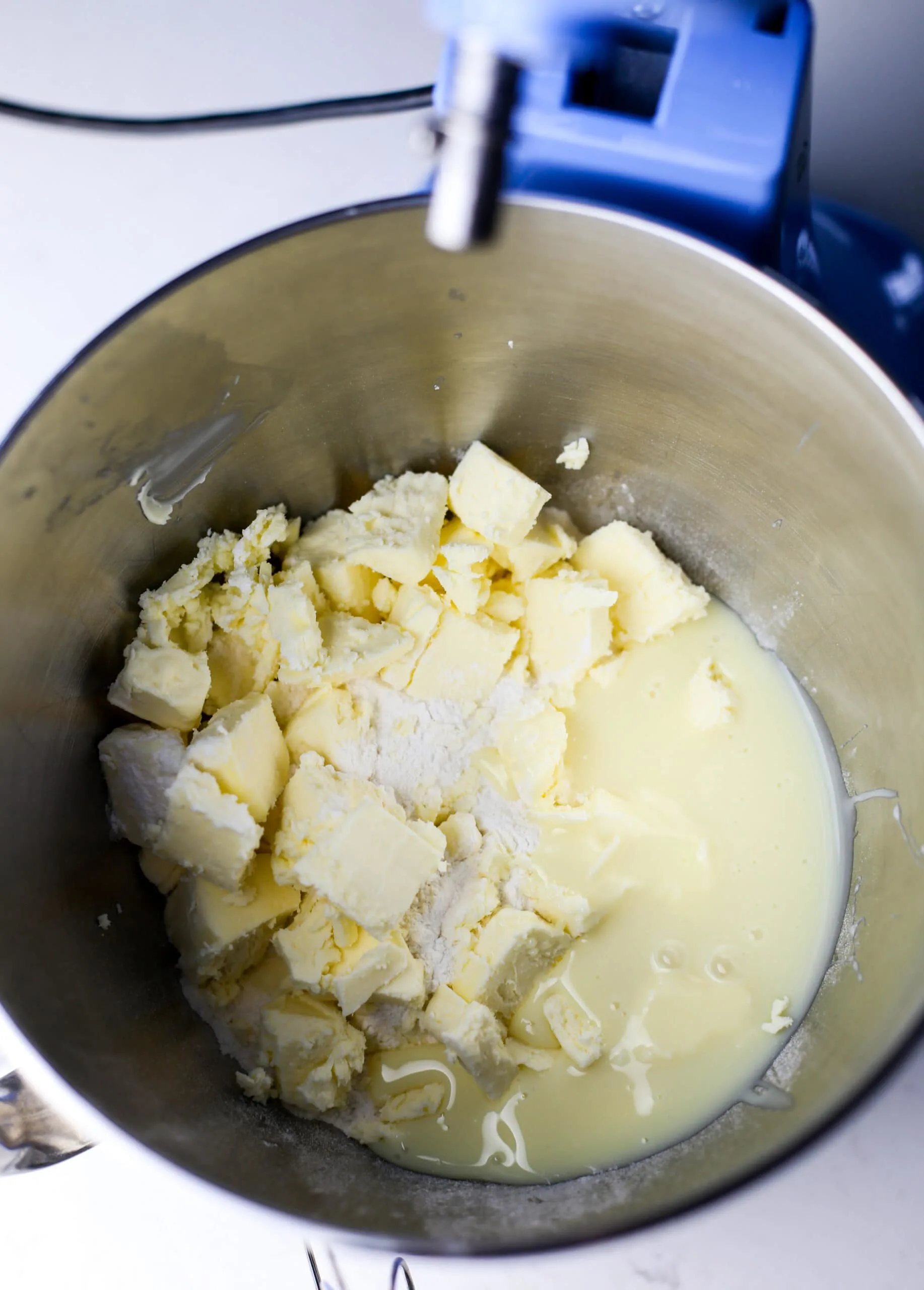 Condensed milk cookie ingredients in a mixing bowl.
