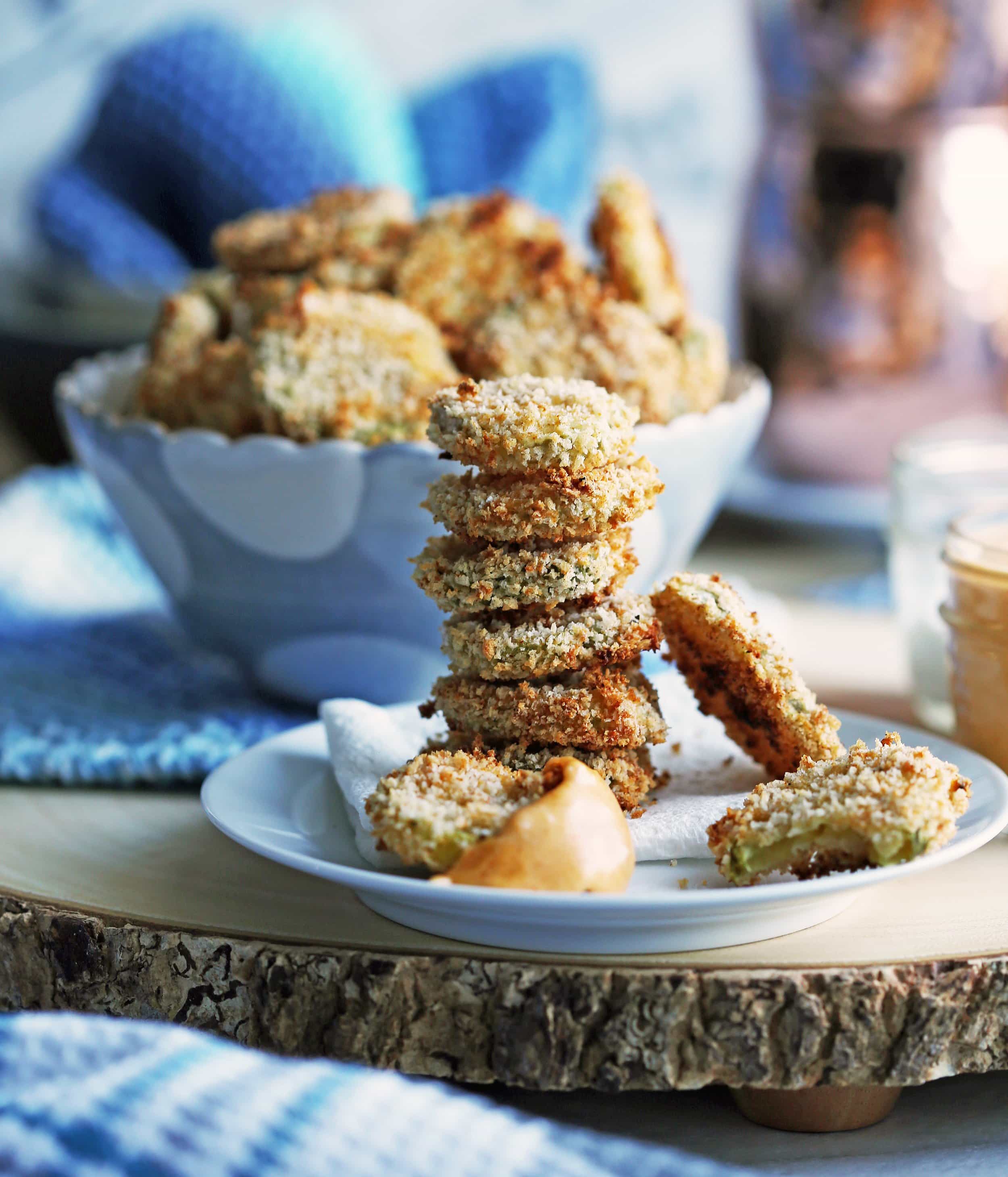 Crispy OvenFried Pickles with Cheddar Cheese Dip Yay! For Food