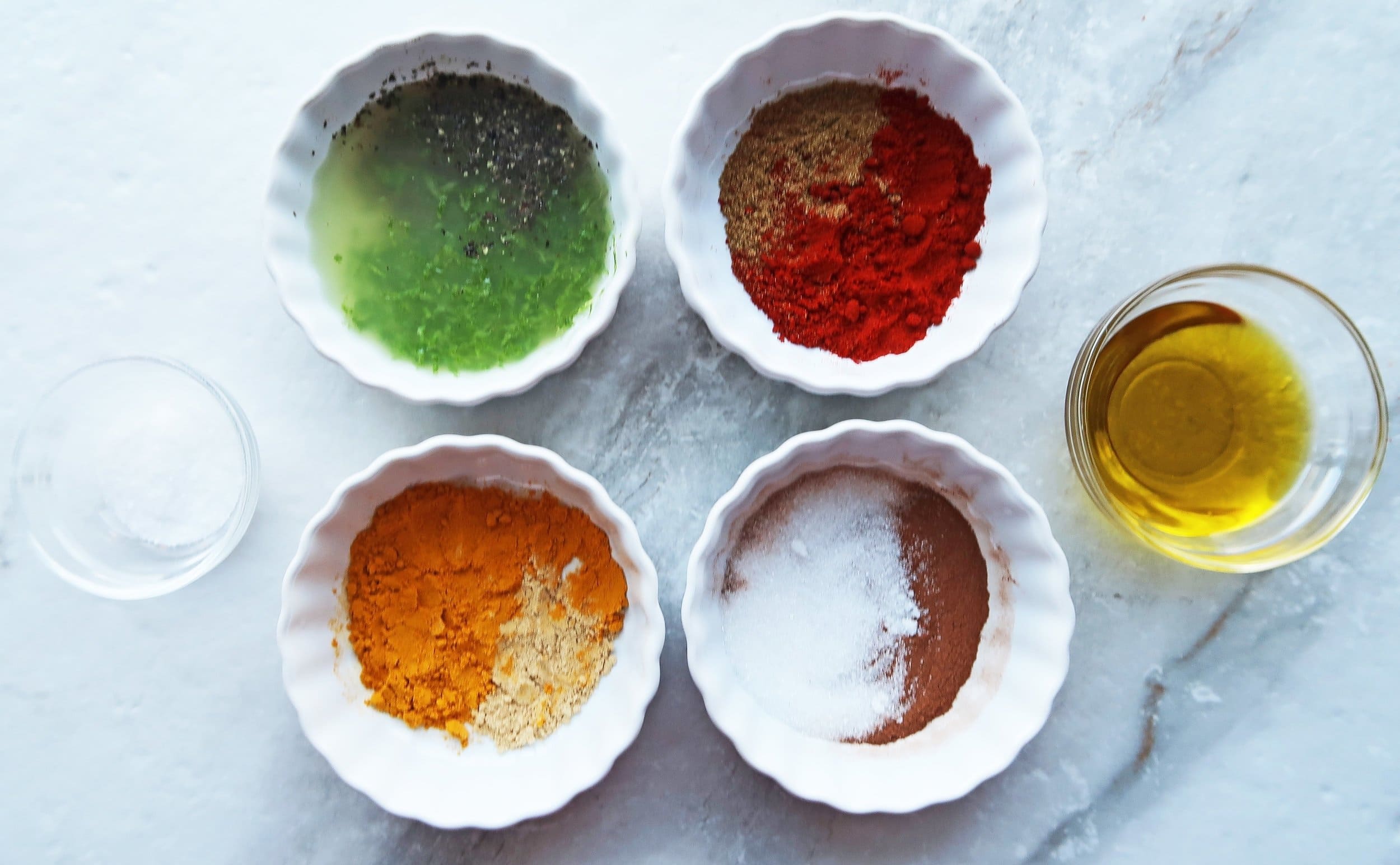 Fours of different spice combinations.