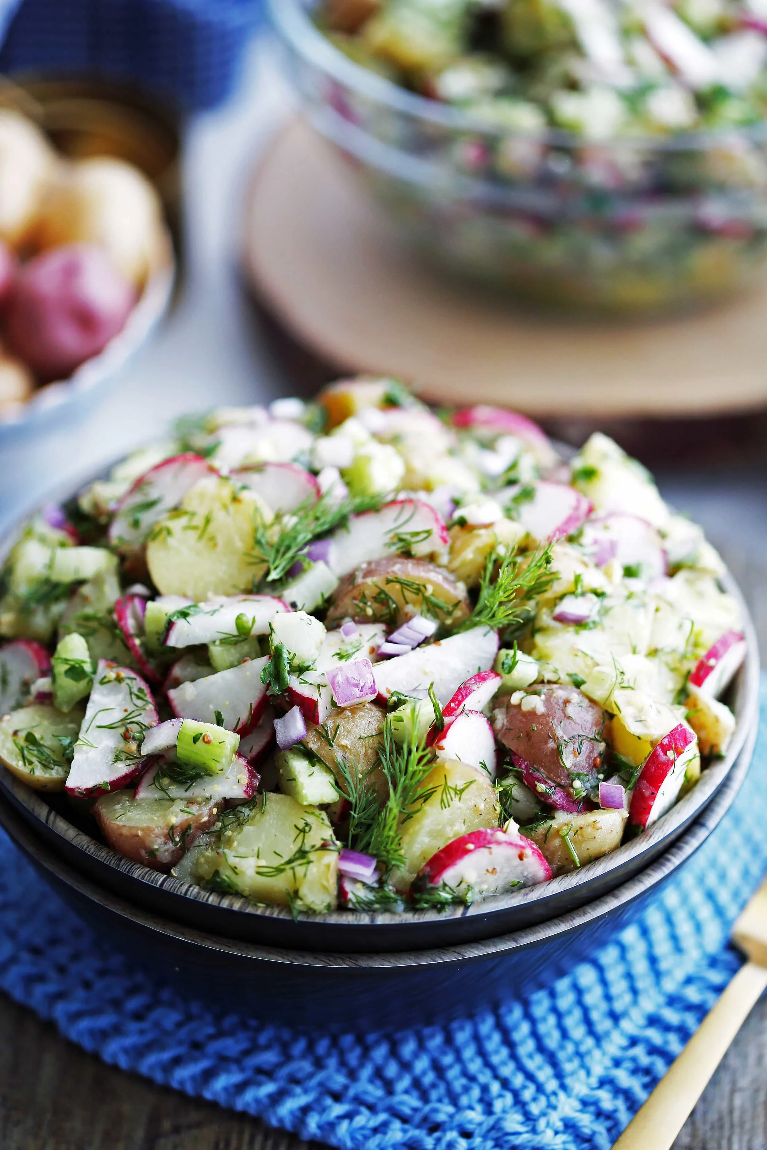 A closeup side view of a bowl of Mustard Dill Potato Salad with radishes, celery, and red onions.