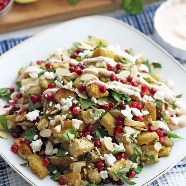 Roasted Eggplant Pomegranate Feta Salad with Smoked Paprika Dressing