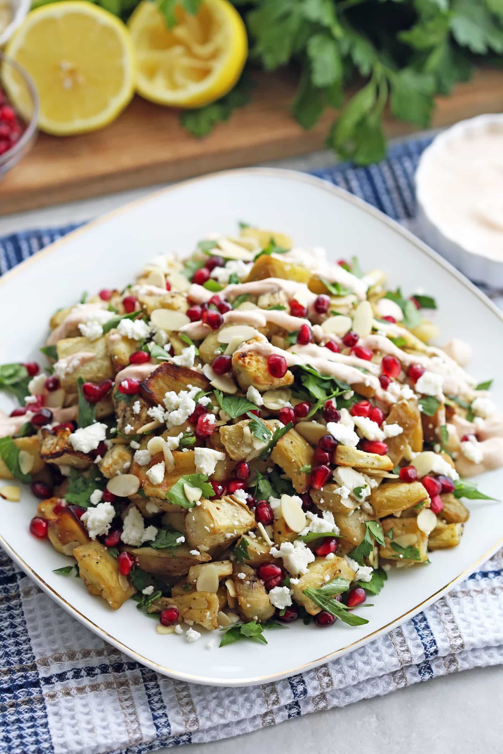 Roasted Eggplant Pomegranate Feta Salad with Smoked Paprika Dressing