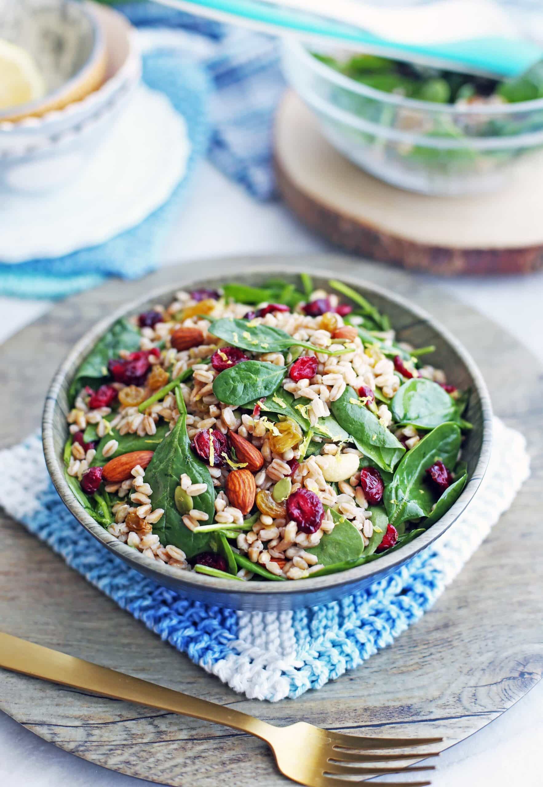 Farro and Spinach Salad with Dried Fruit and Nuts