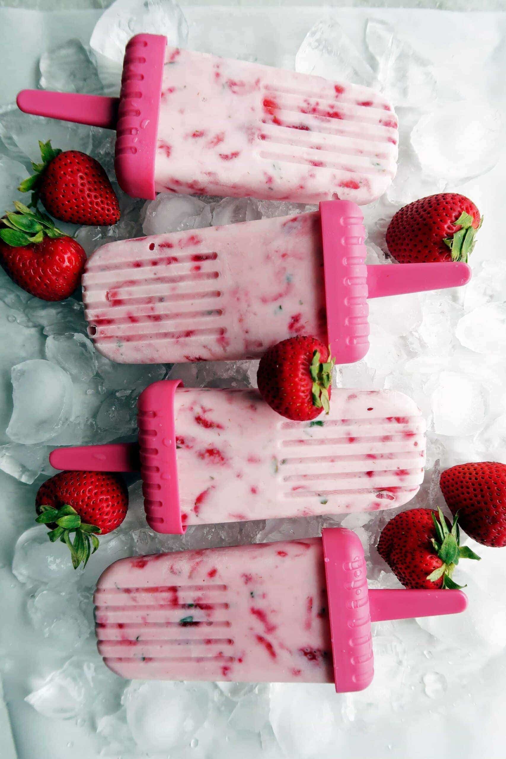 Fresh Strawberry Mint Yogurt Popsicles