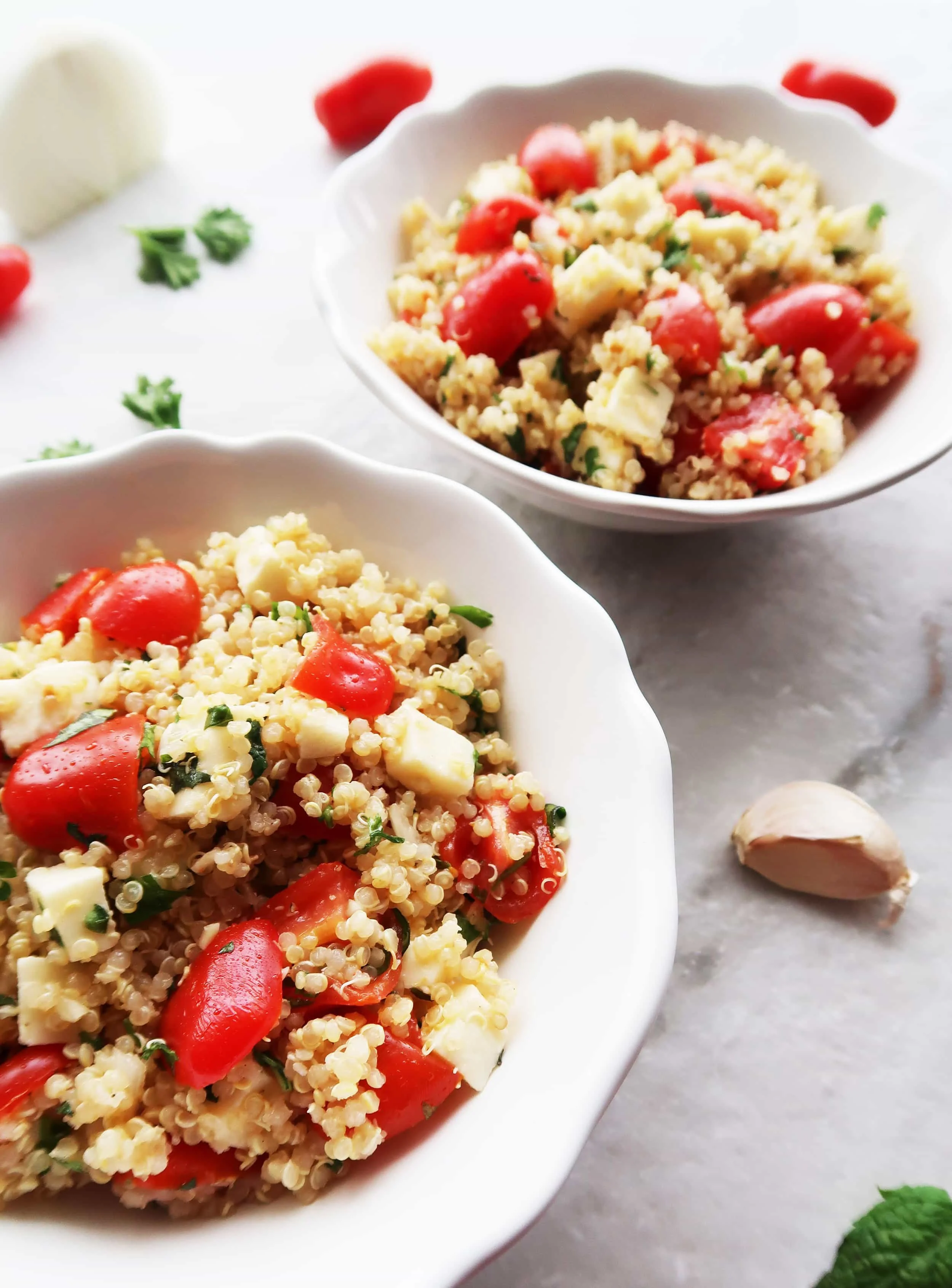 A close up of Fresh Tomato, Mozzarella, and Herb Quinoa Salad