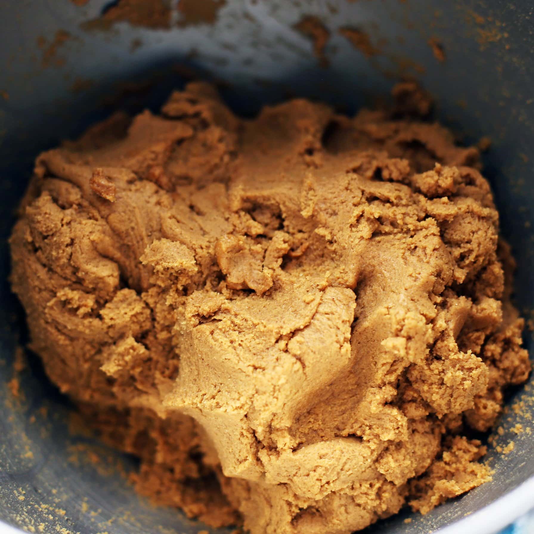 Soft gingersnap cookie dough in a metal mixing bowl.