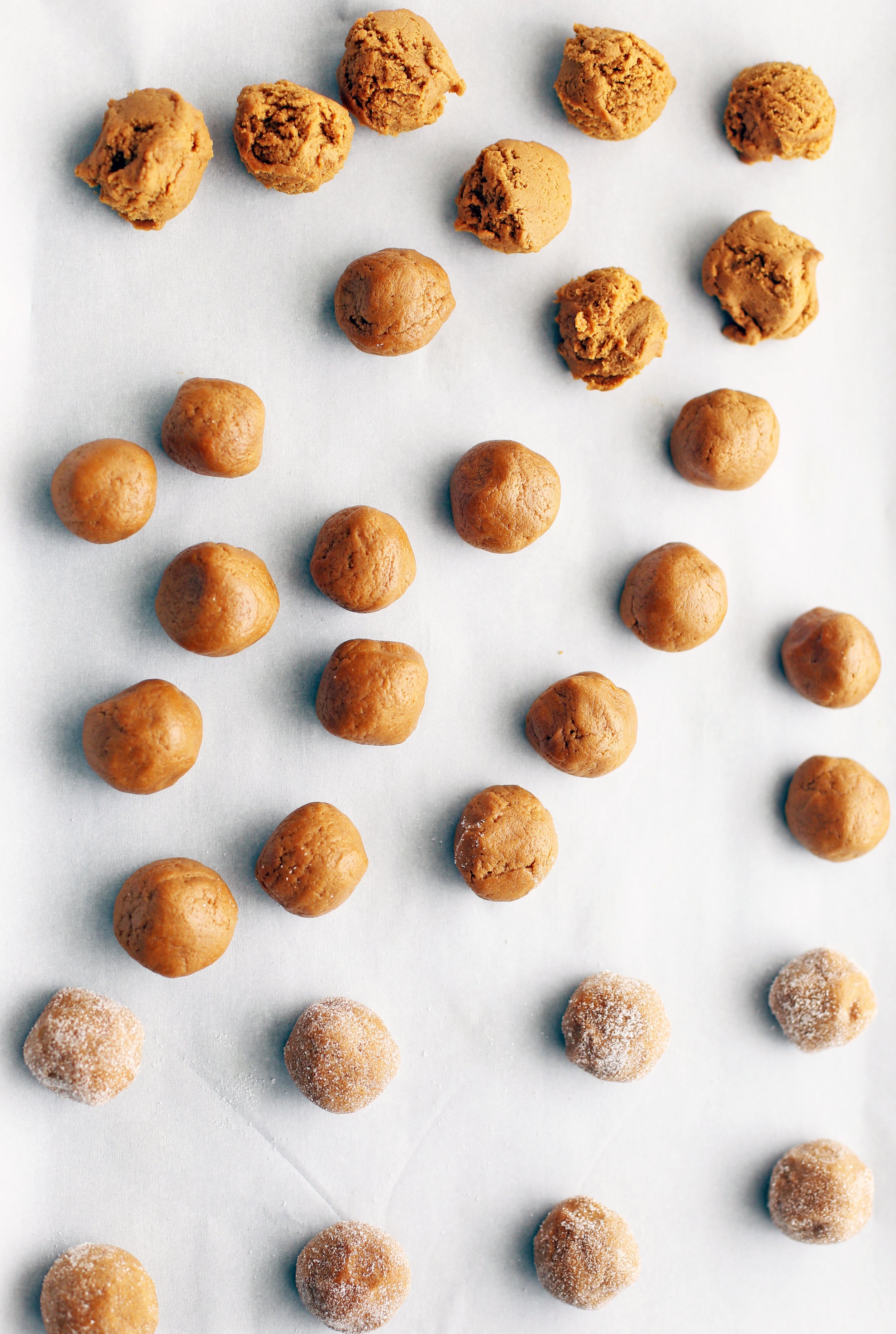 Tablespoon balls of gingersnap cookie dough with some balls rolled in sugar.