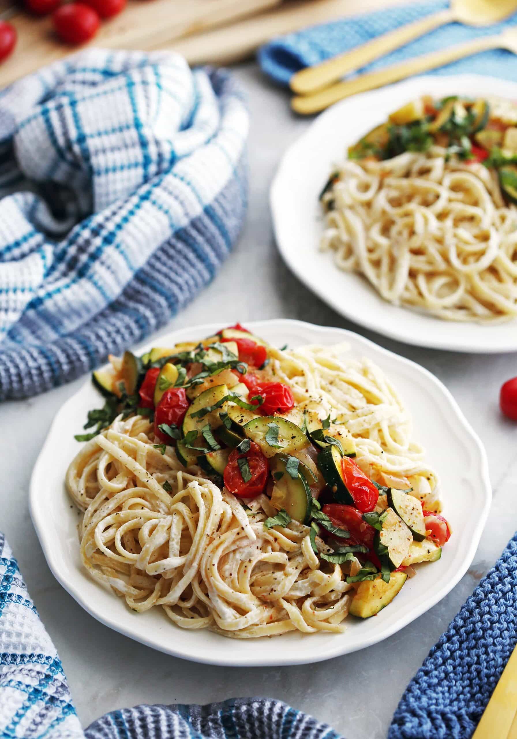 Creamy Goat Cheese Pasta with Zucchini and Tomatoes