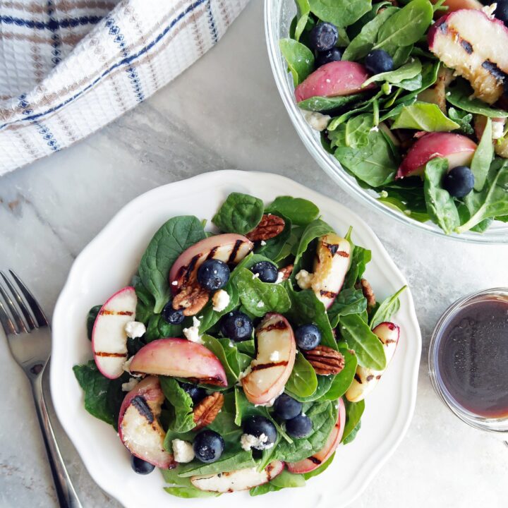 Grilled Peach Blueberry Spinach Salad with Honey Balsamic Vinaigrette