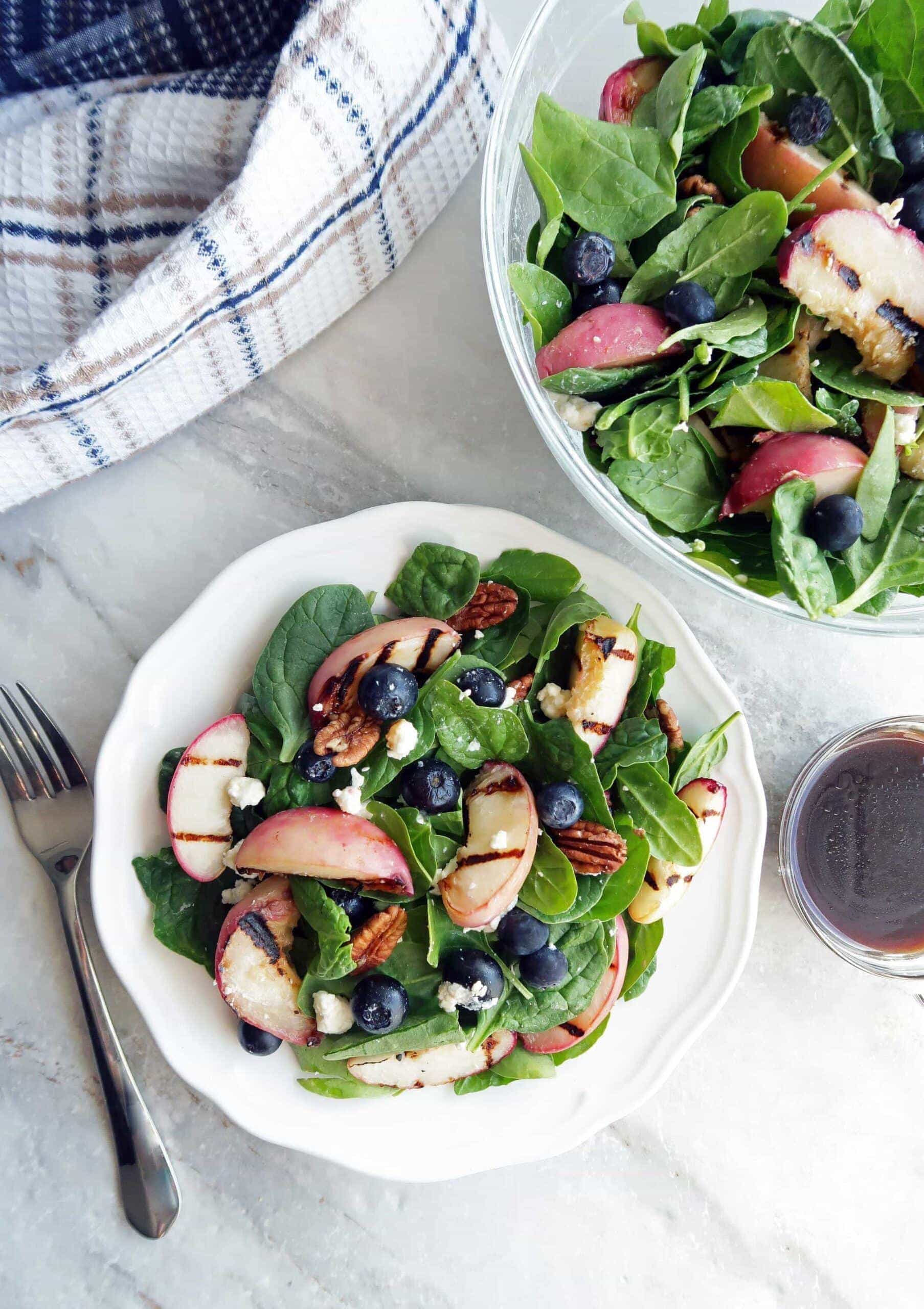 Grilled Peach Blueberry Spinach Salad with Honey Balsamic Vinaigrette