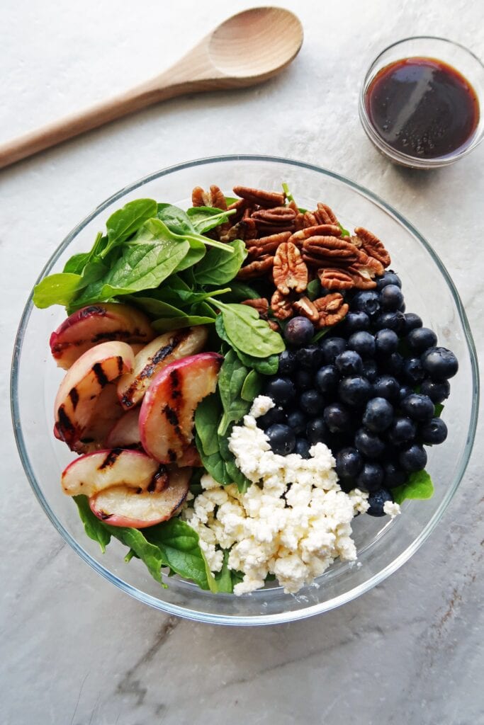 Grilled Peach Blueberry Spinach Salad with Honey Balsamic Vinaigrette Yay! For Food