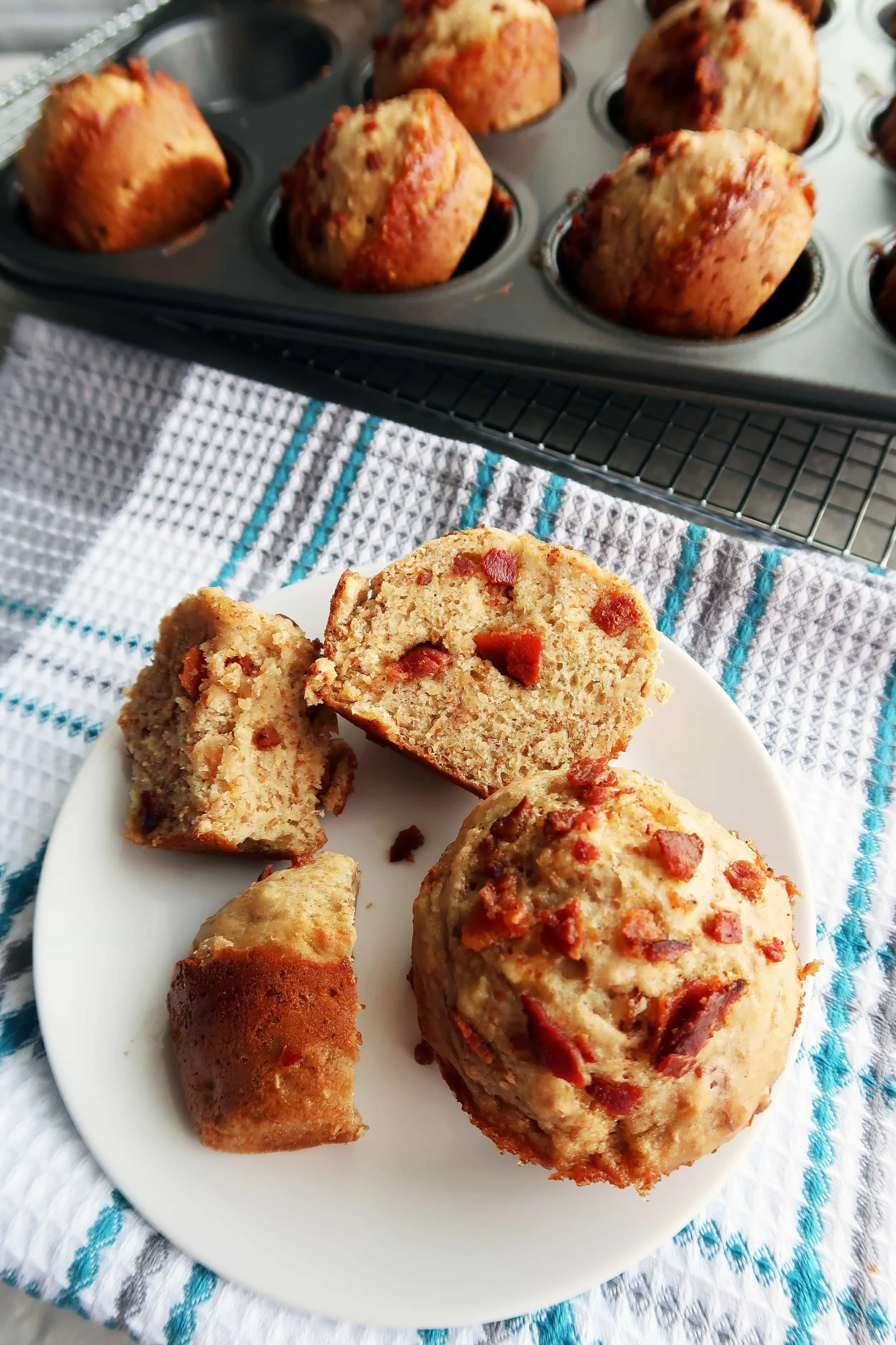 Healthier Maple Bacon Banana Muffins on a plate.