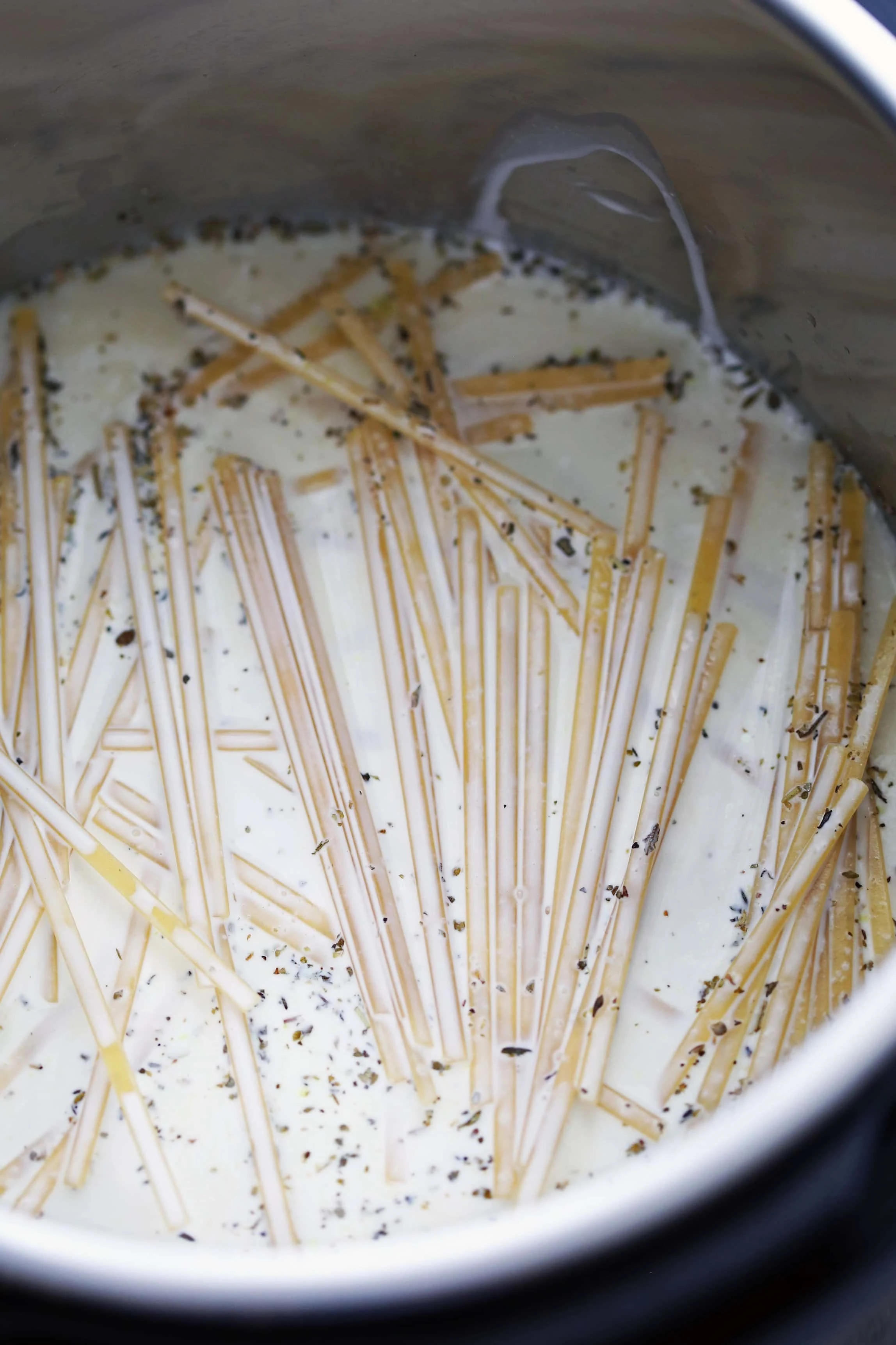 Chicken broth, diced chicken breasts, seasonings, dry fettuccine, and heavy cream layered in the Instant Pot.