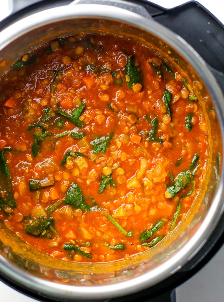 Turmeric Lentil Soup with spinach in the Instant Pot.