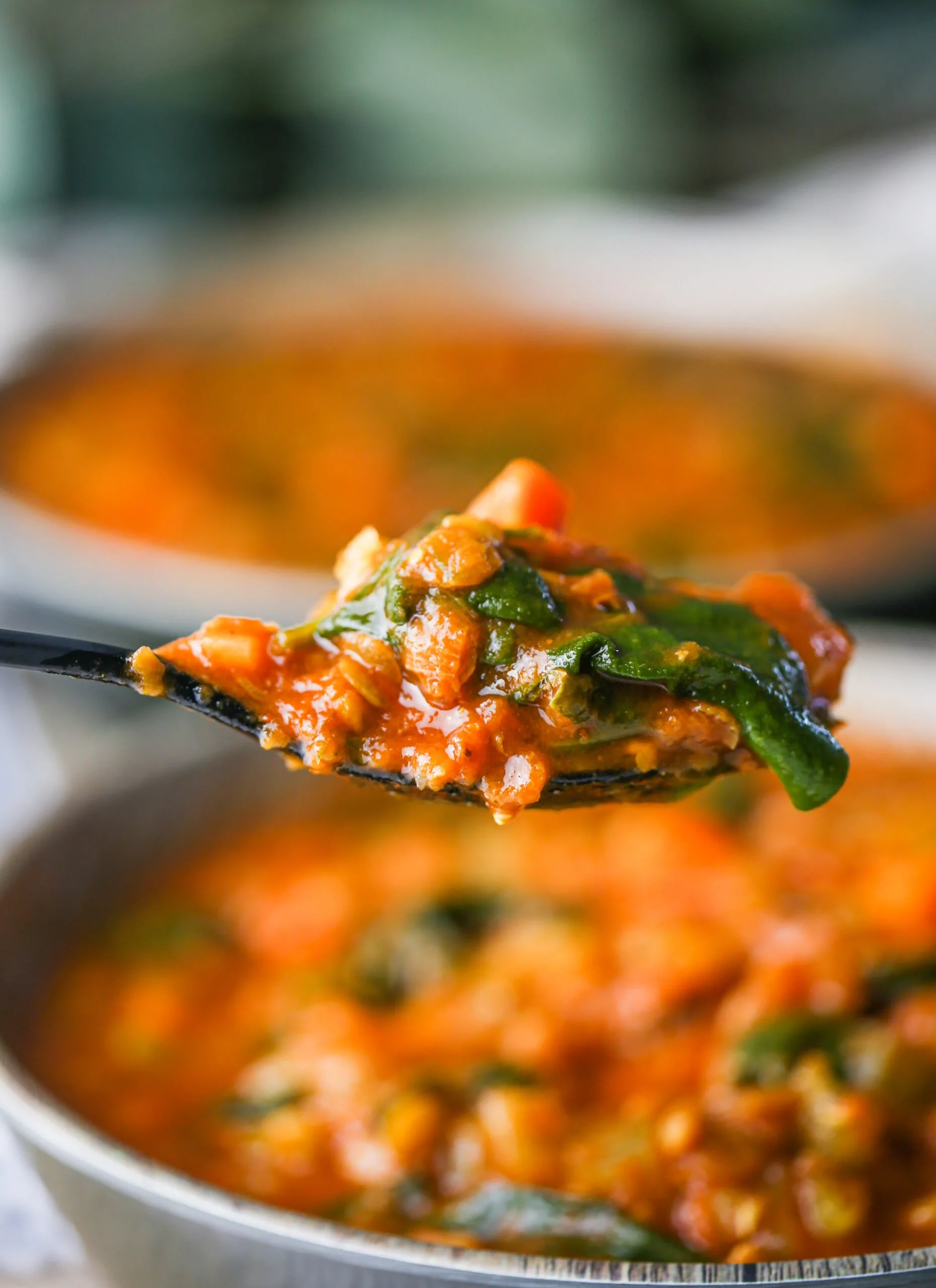 A closeup shot of spoonful of hearty Instant Pot Lentil Soup.