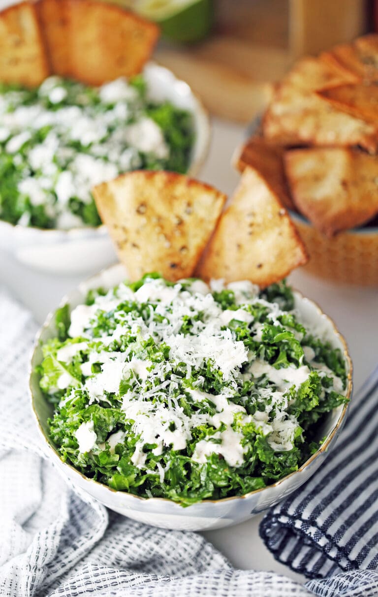 Parmesan Kale Salad with Garlic Lime Dressing and Pita Chips Yay! For