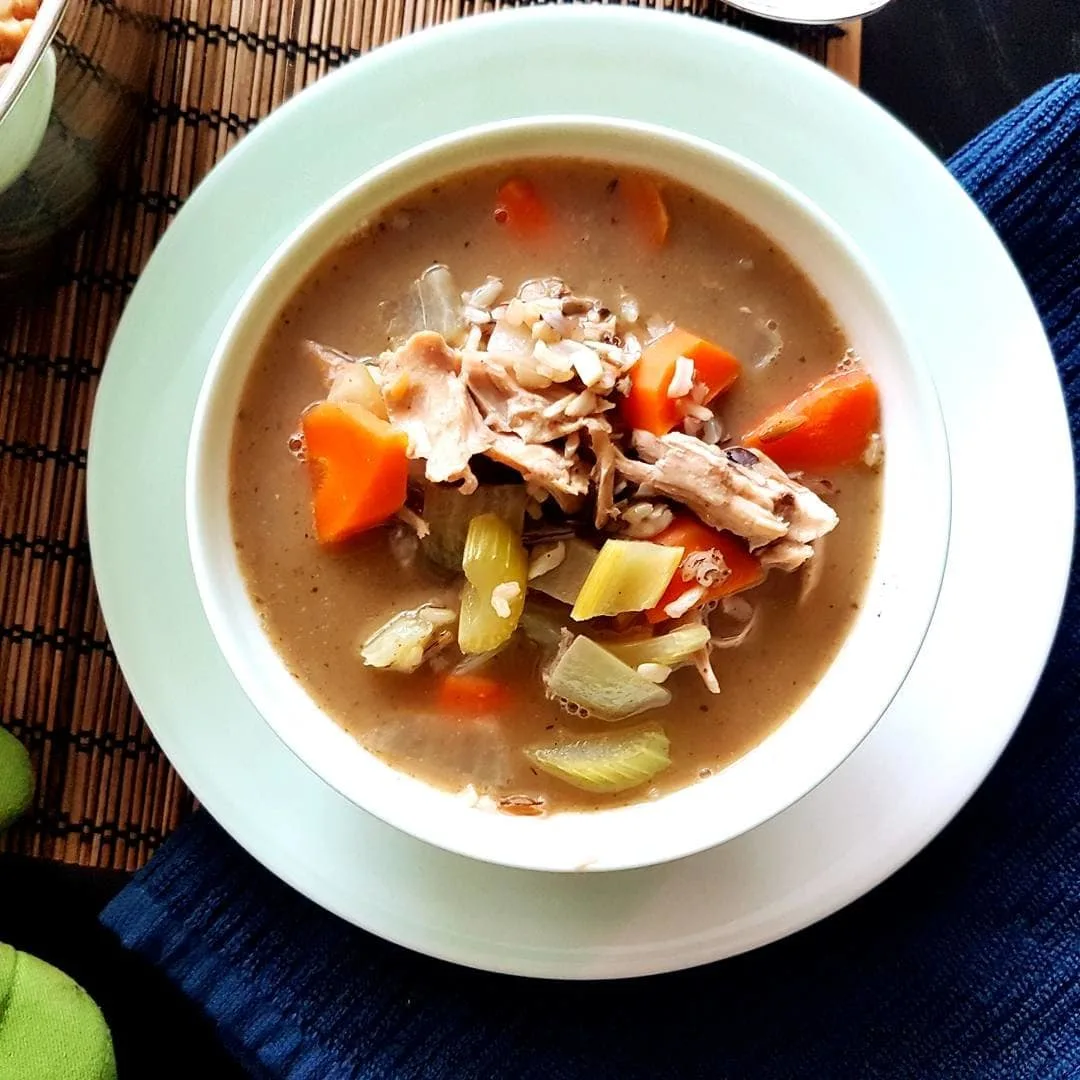 A hot bowl of Leftover Turkey and Wild Rice Soup.