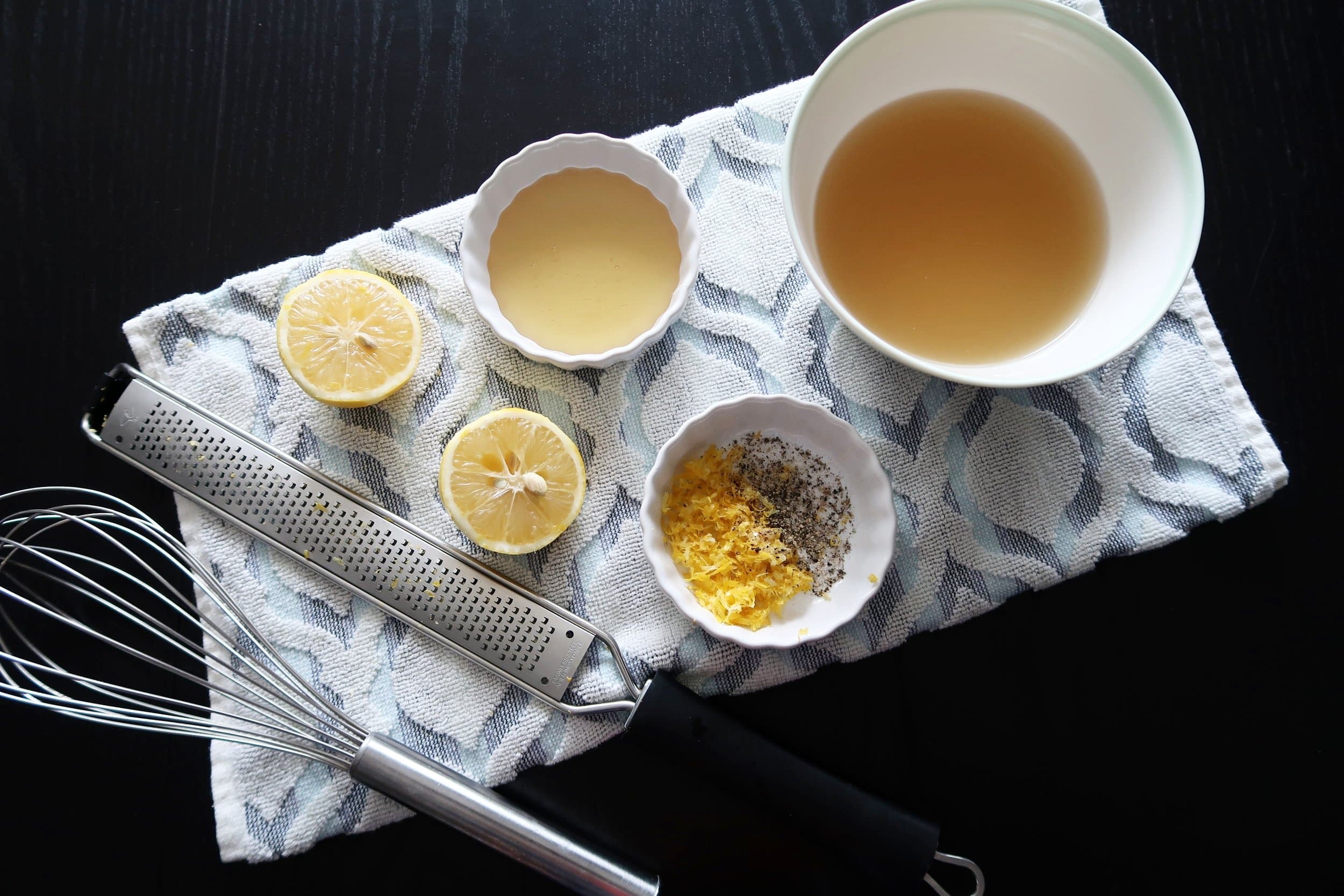 Lemon juice, zest, chicken broth, honey, salt, and pepper.