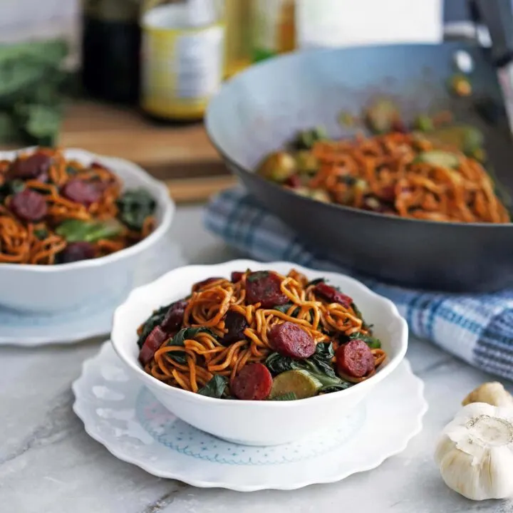 Lo Mein Noodles with Chinese Sausage and Gai Lan