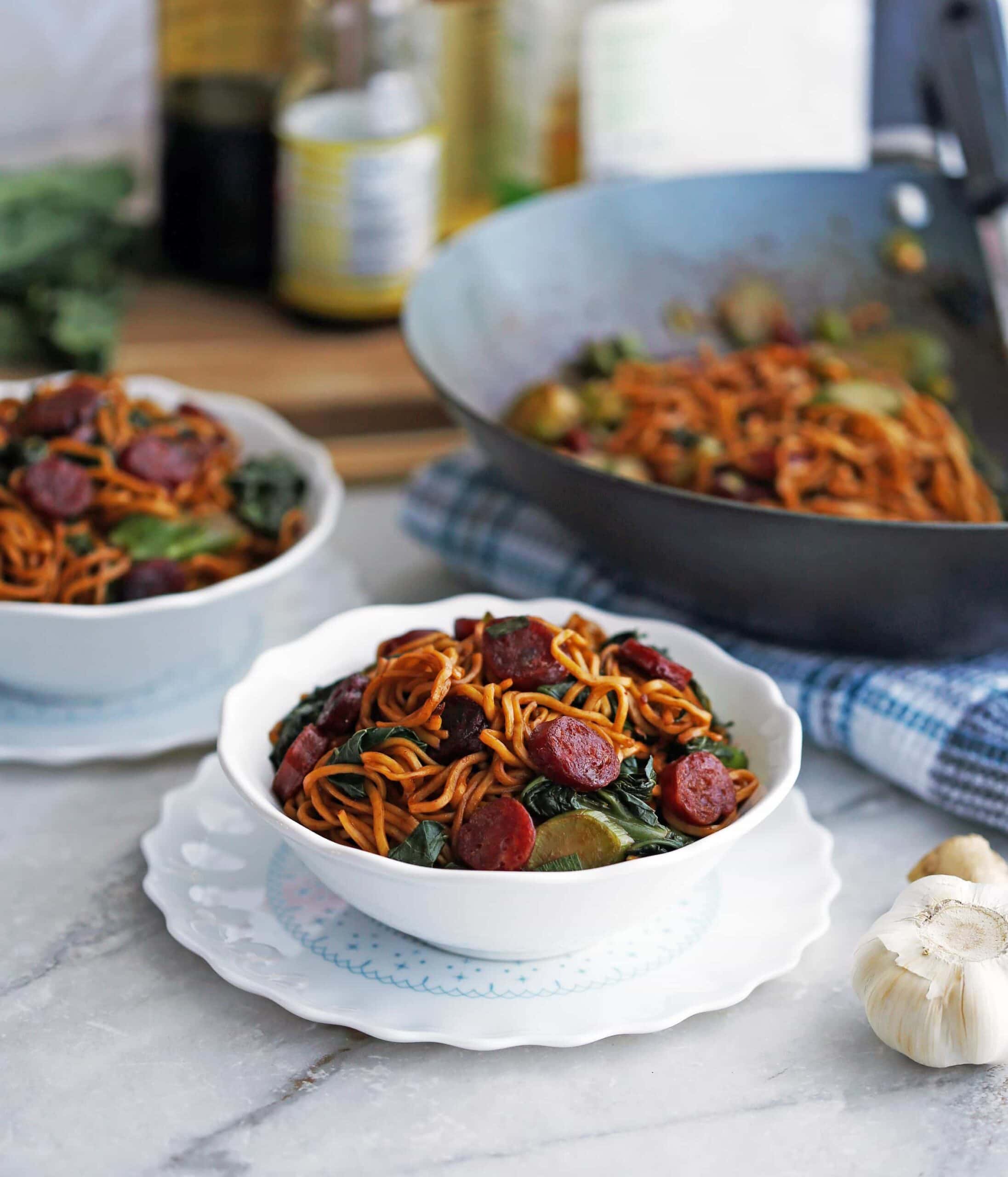 Lo Mein Noodles with Chinese Sausage and Gai Lan