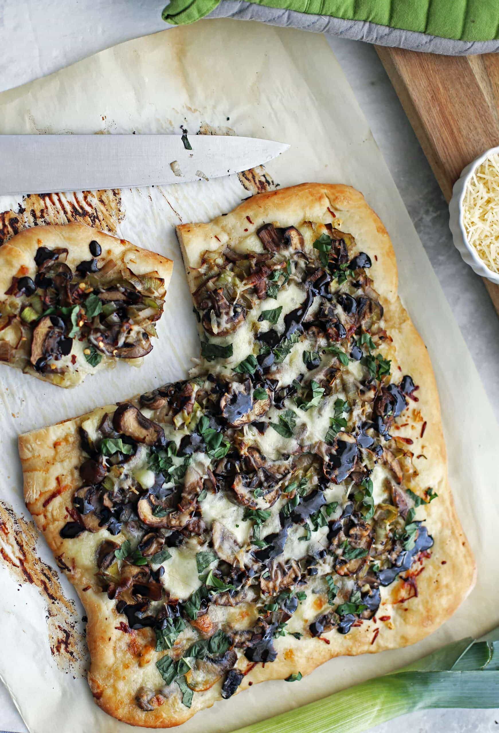 One-Hour Leek Mushroom Mozzarella Pizza (from scratch!)