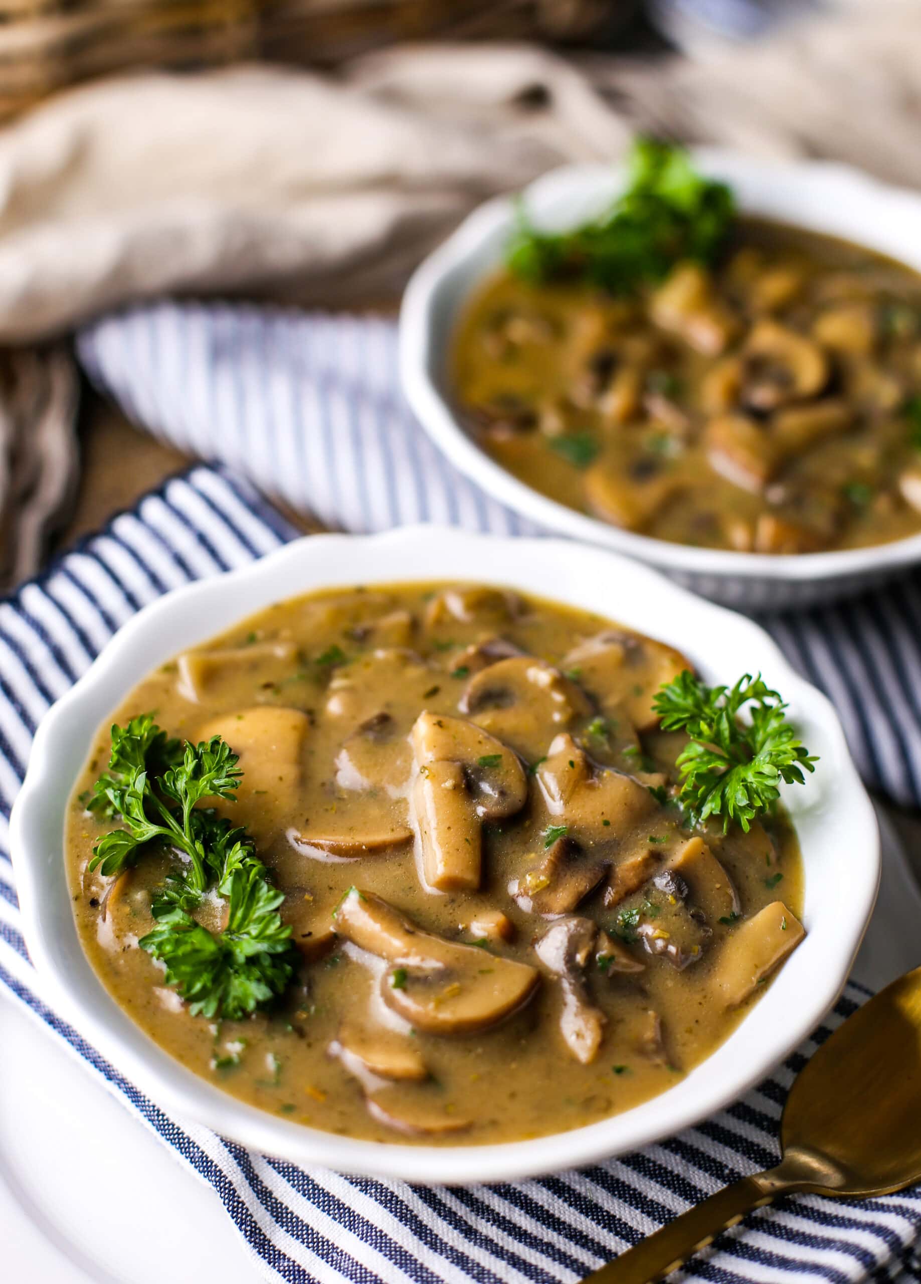 One-pot creamy vegan mushroom soup in two white bowls.