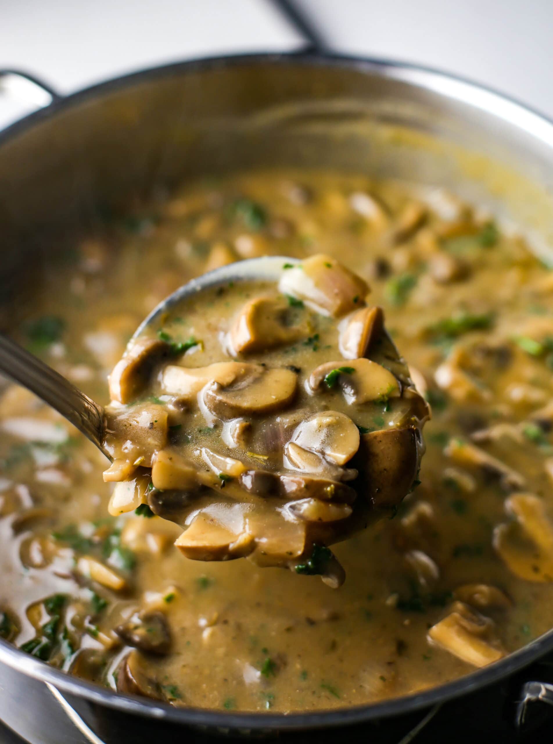 A ladle full of creamy vegan mushroom soup held over more soup in a saucepan.