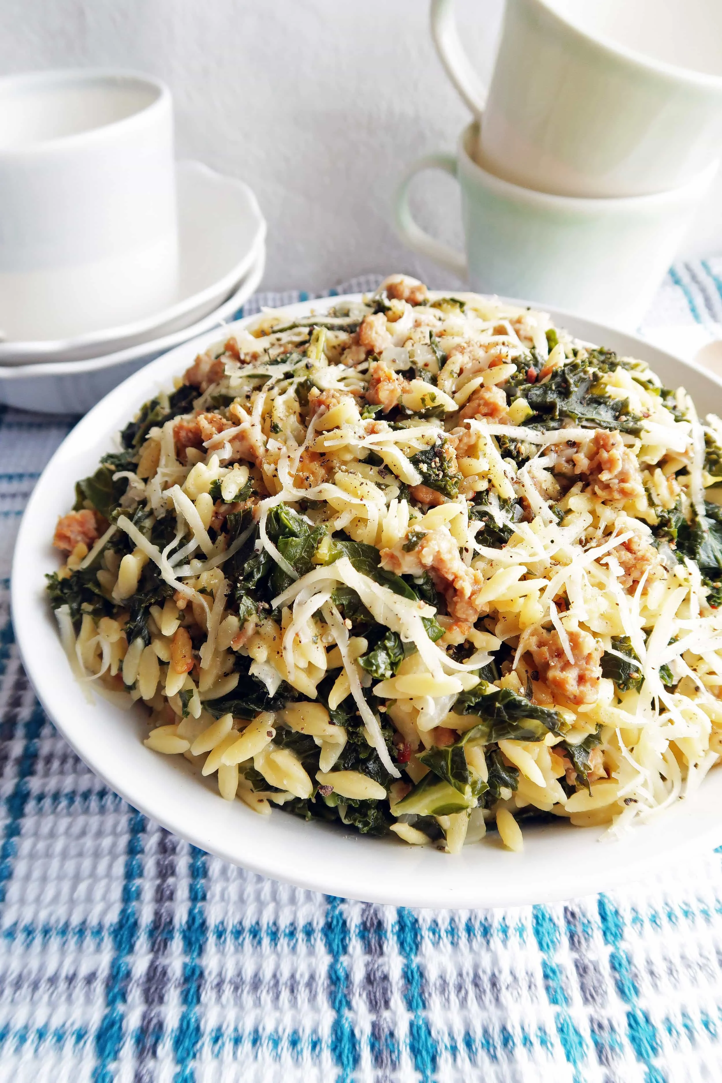 Close-up side angled view of orzo pasta with Italian sausage and kale in a large pasta bowl.