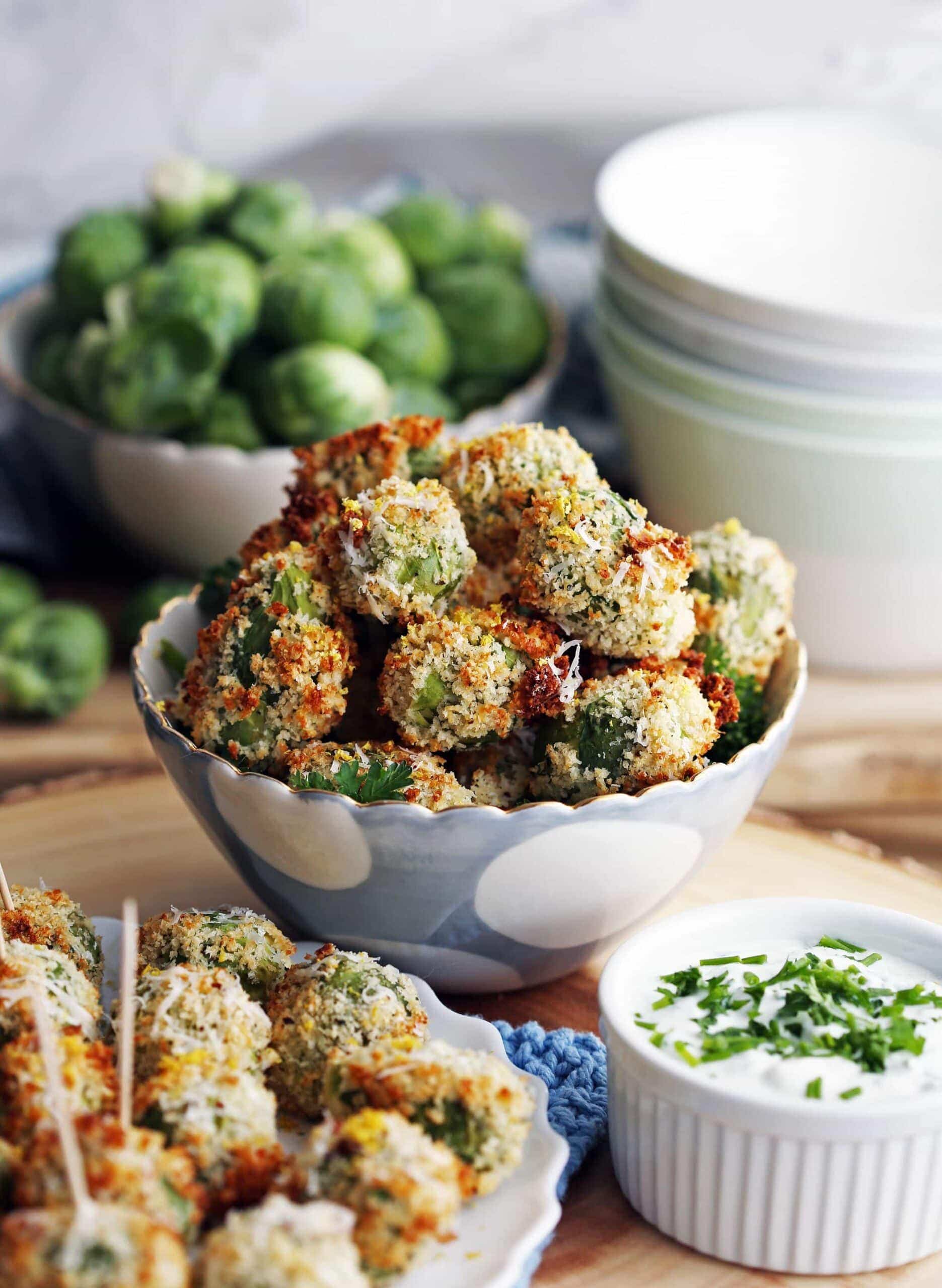 Parmesan Brussels Sprouts with Sour Cream Herb Dip