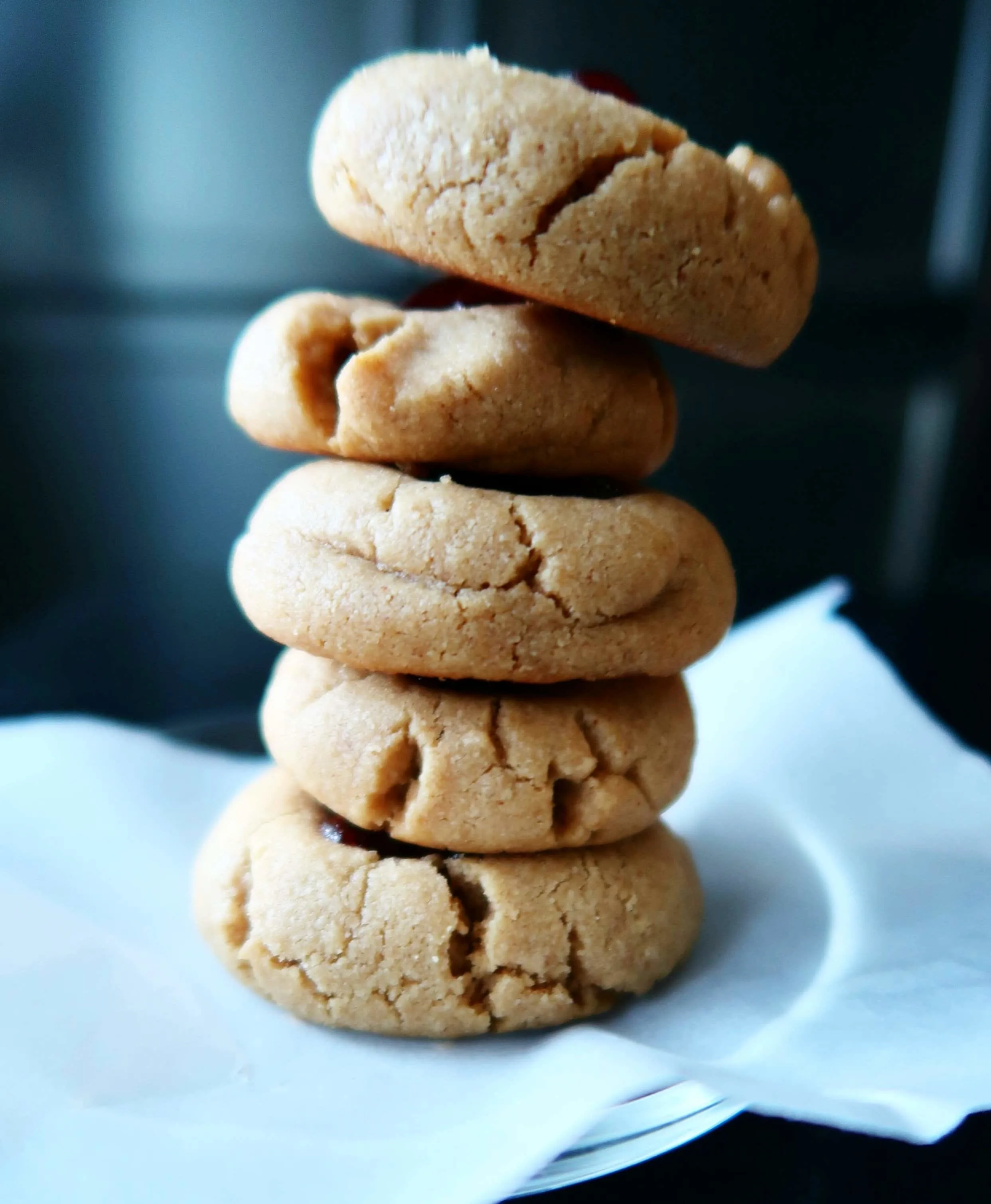 A tower of peanut butter cookies.