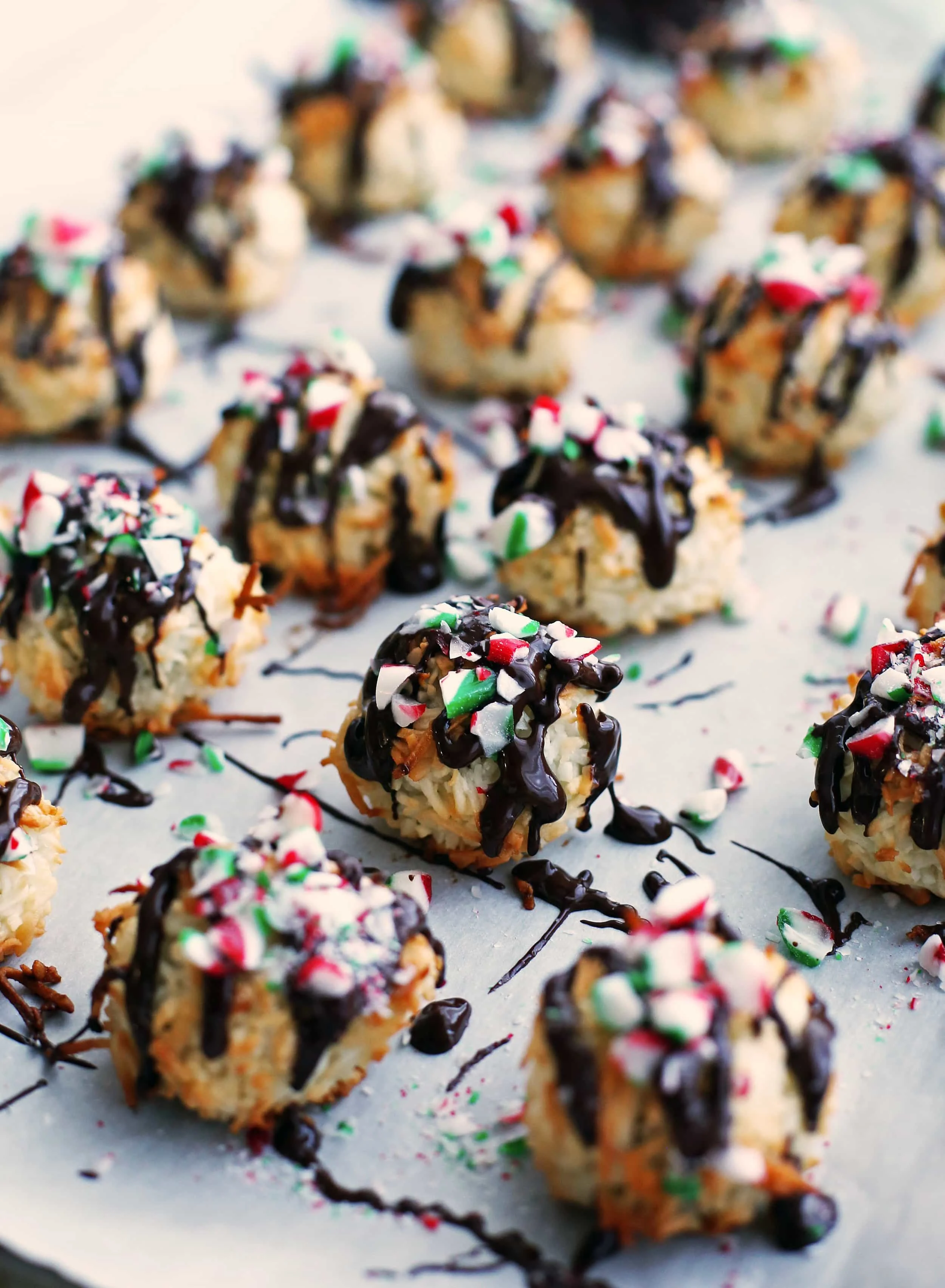 Peppermint Chocolate Coconut Macaroons on parchment paper.