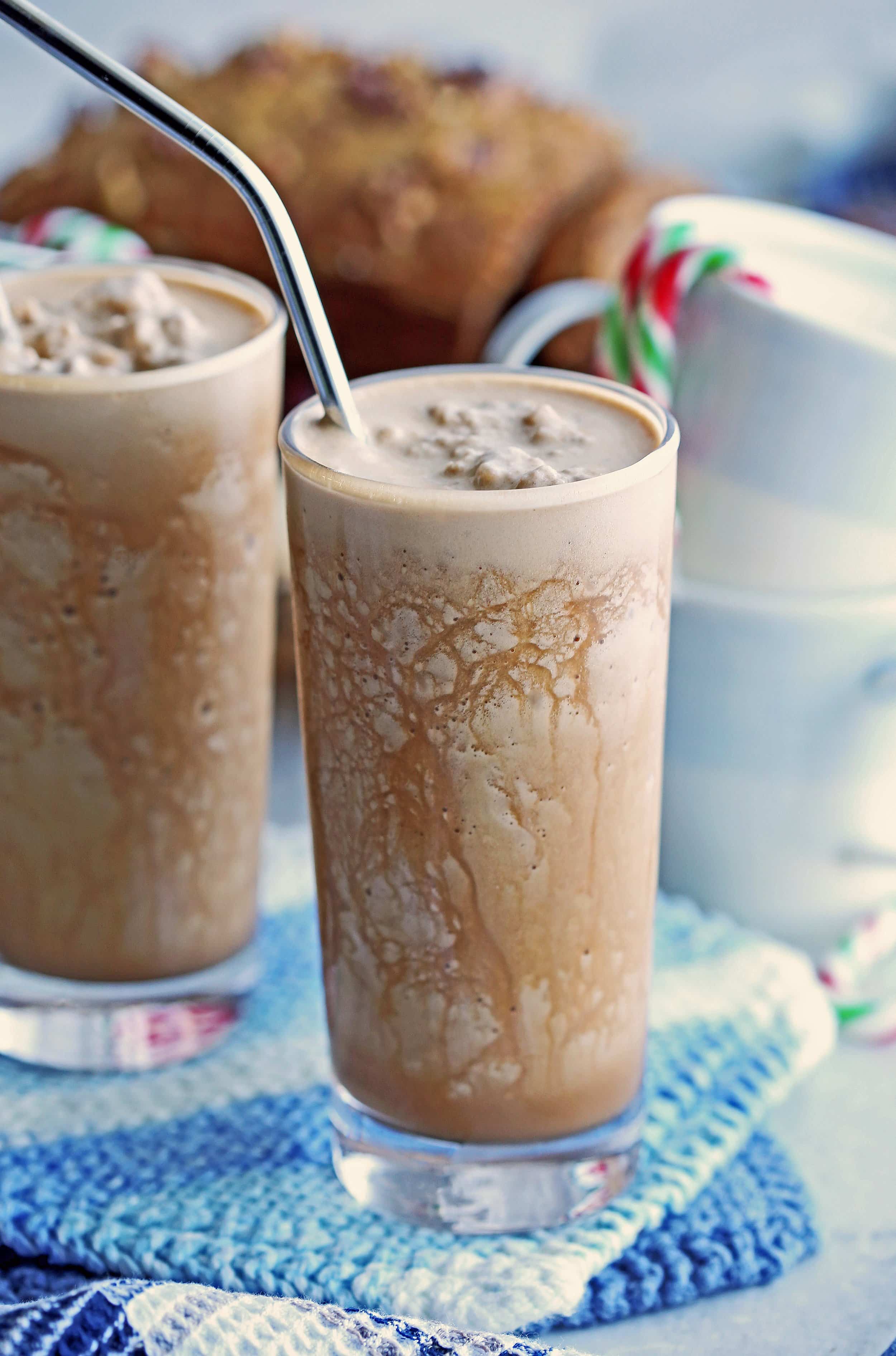 Three-ingredient peppermint mocha frappe drinks in two tall drinking glasses.