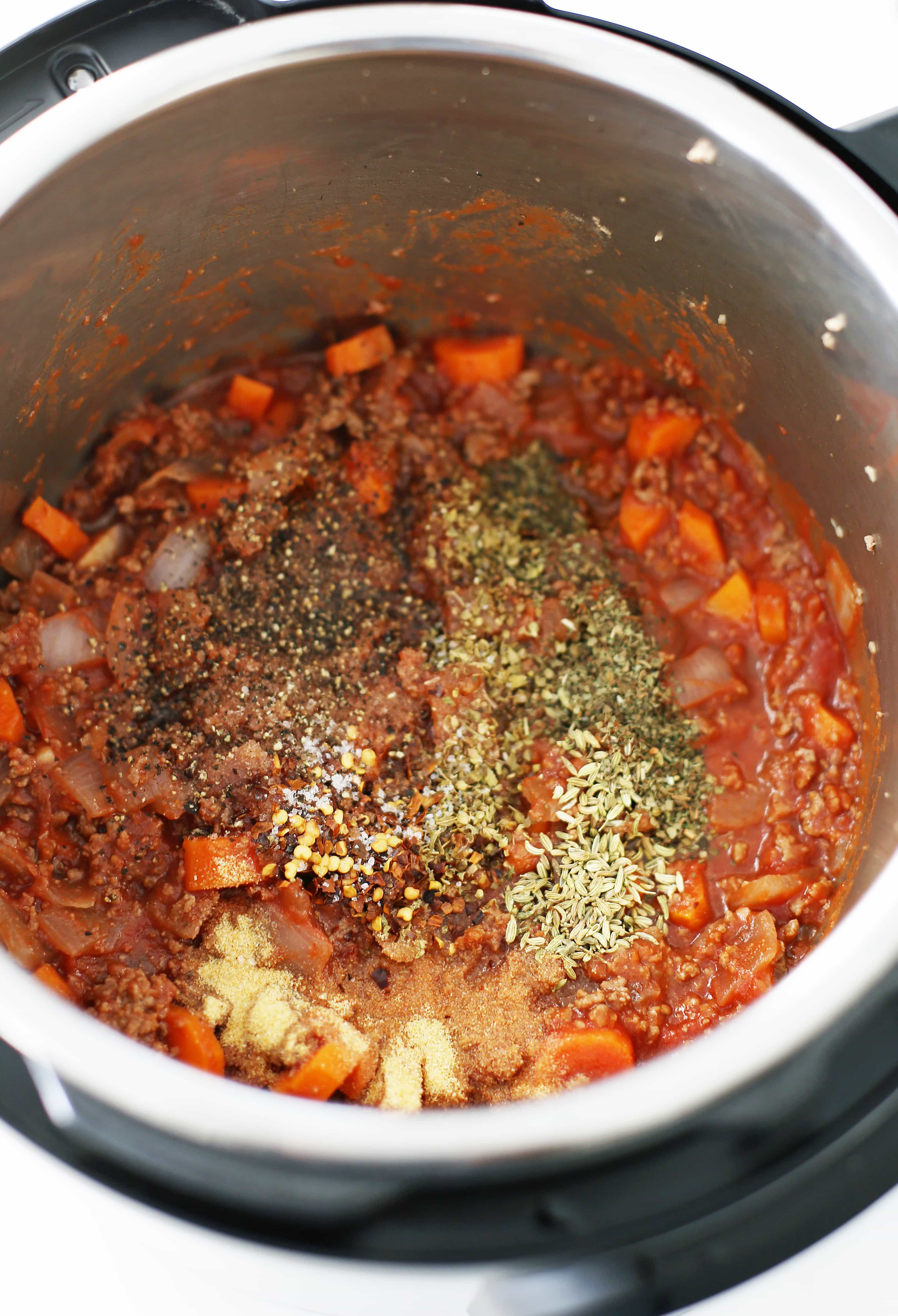 Unmixed ground beef meat sauce in the Instant Pot.