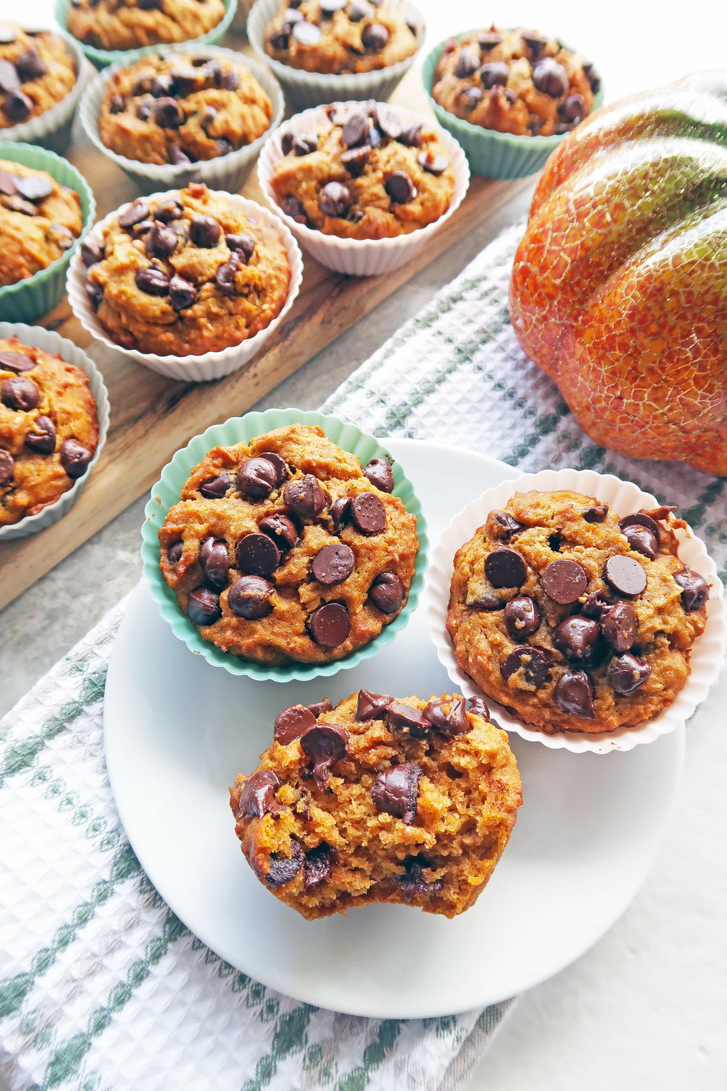 A top angled view of three pumpkin chocolate chip whole wheat muffins, one that is half-eaten, on a white plate.