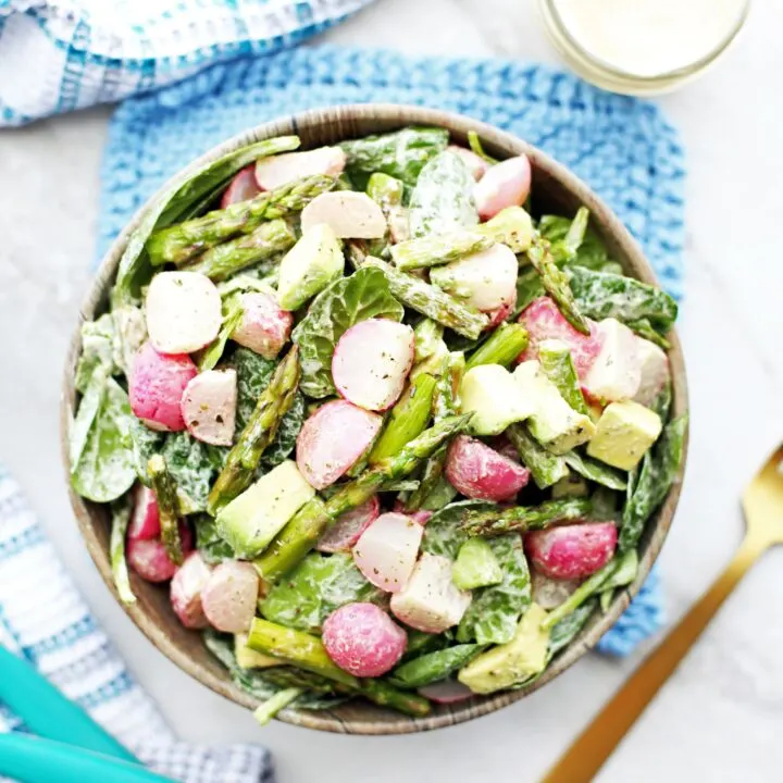 Roasted Asparagus and Radish Salad with Creamy Garlic Cashew Dressing