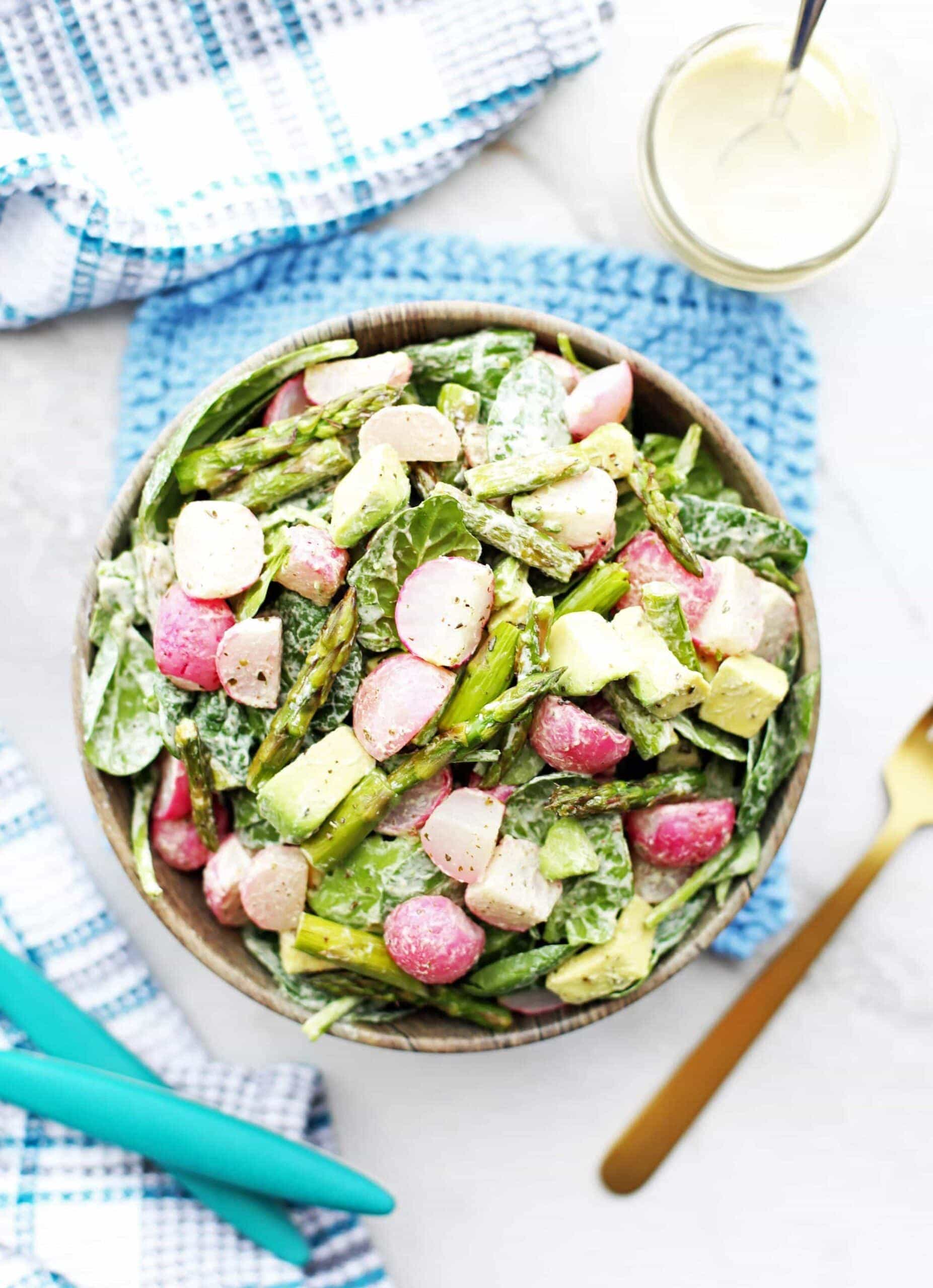 Roasted Asparagus and Radish Salad with Creamy Garlic Cashew Dressing