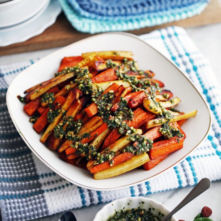 Roasted Balsamic Root Vegetables with Basil Almond Pesto