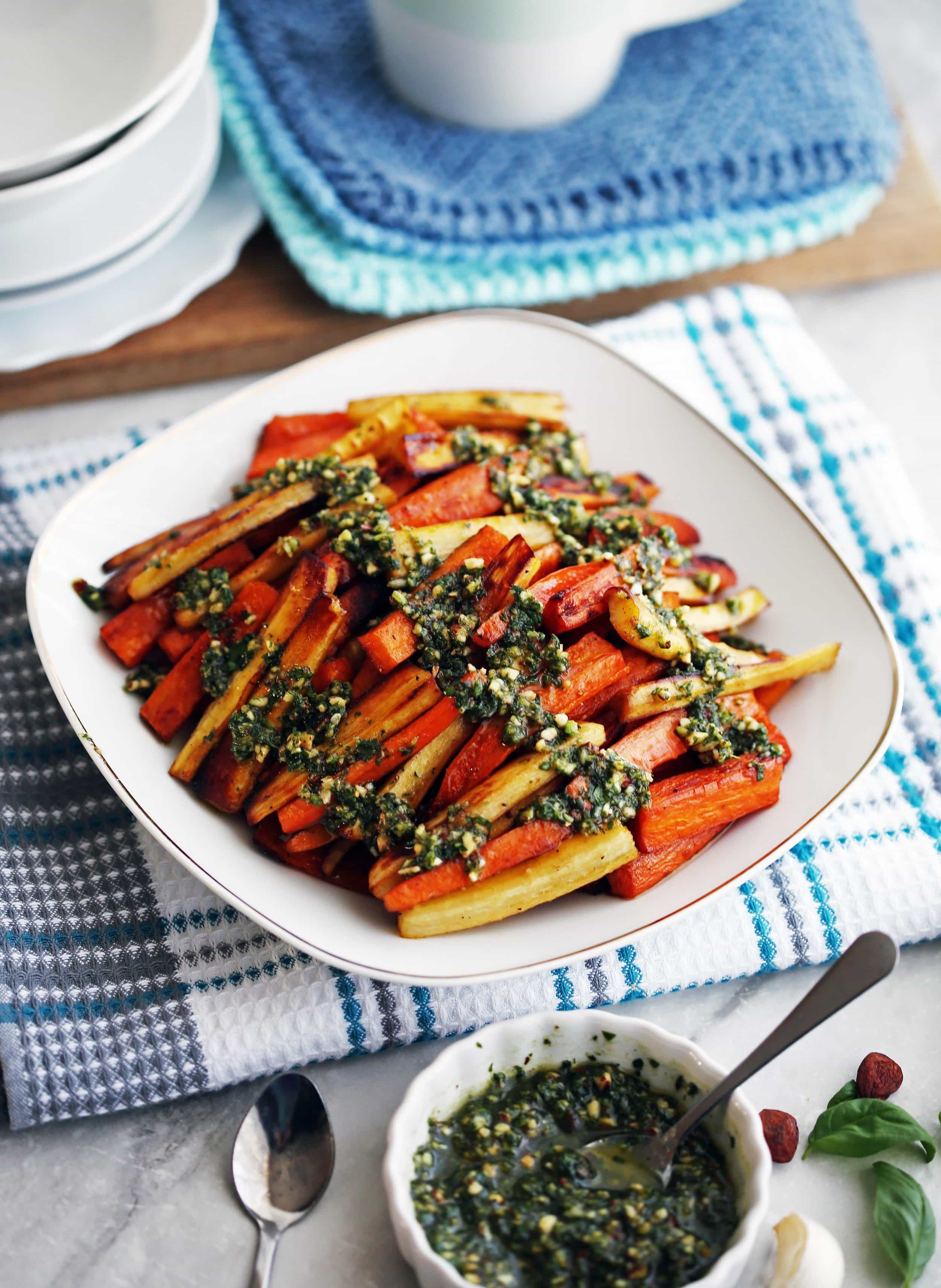 Roasted Balsamic Root Vegetables with Basil Almond Pesto