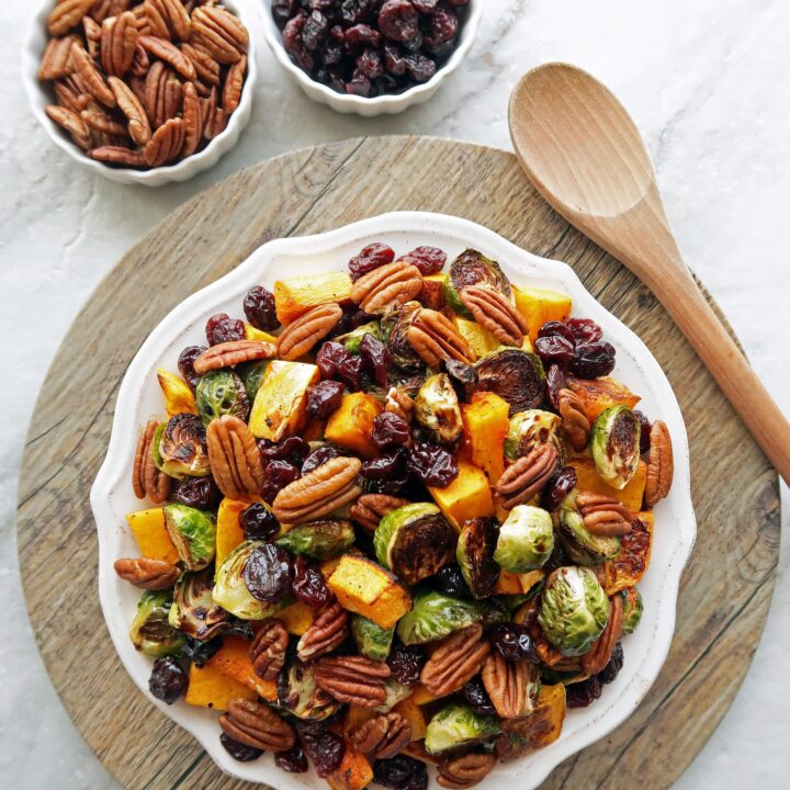 Roasted Butternut Squash and Brussels Sprouts with Pecans and Dried Cherries
